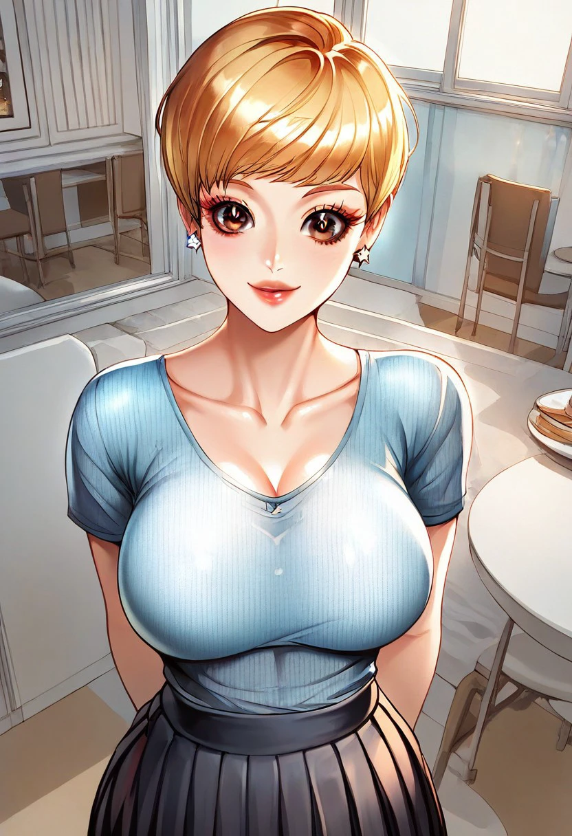 score_9, score_8_up, score_7_up, ASCII masterpiece, source_anime, BREAK, 1girl, solo, (( <lora:seo_da-jung:1> , seo_da-jung, thin waist, wide hips, beautiful skin, piercing brown eyes, clear eyes, bright pupils, beautiful eyes, beautiful blonde hair, beautiful cute short hair, bangs, huge and shaggy breasts, natural beauty, extraordinary beautiful woman, attractive woman, super sexy woman, lustful body, sexy woman with seductive obscene body, sensual body, voluptuous body, sexy beauty, no piercings, no piercing, )) ,  makeup, ((sexy cut-out short-sleeves blue top, black pleated short skirt, white star-shape earring, )) , indoors, shiny clothes, shiny skin, night club, erotic bar, classy decorations, cowboy shot, from above, looking at viewer, hands behind back, (detailed face, detailed eyes), delicate features, soft lighting, seducative smile, cute and sexy, very detailed, high detailed texture, uncensored, rare view,