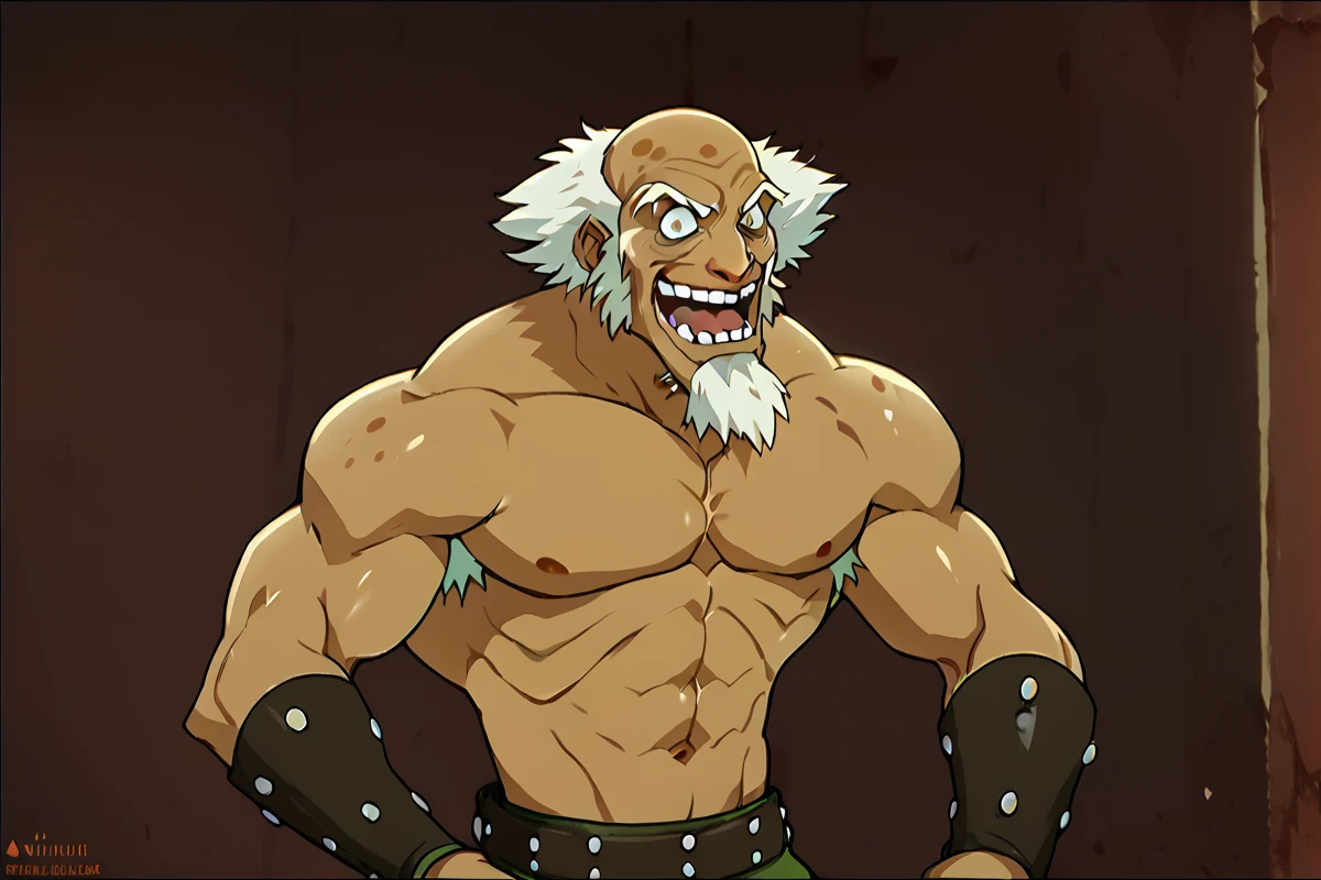 score_9, score_8_up, score_7_up,  solo, <lora:dizdoodz:0.8>  <lora:King_Bumi_Avatar_The_Last_Airbender:0.7> bald, dark skin, topless male, facial hair, beard, white hair, old man, old, muscular, pecs, crazy,  <lora:add_detail:1>