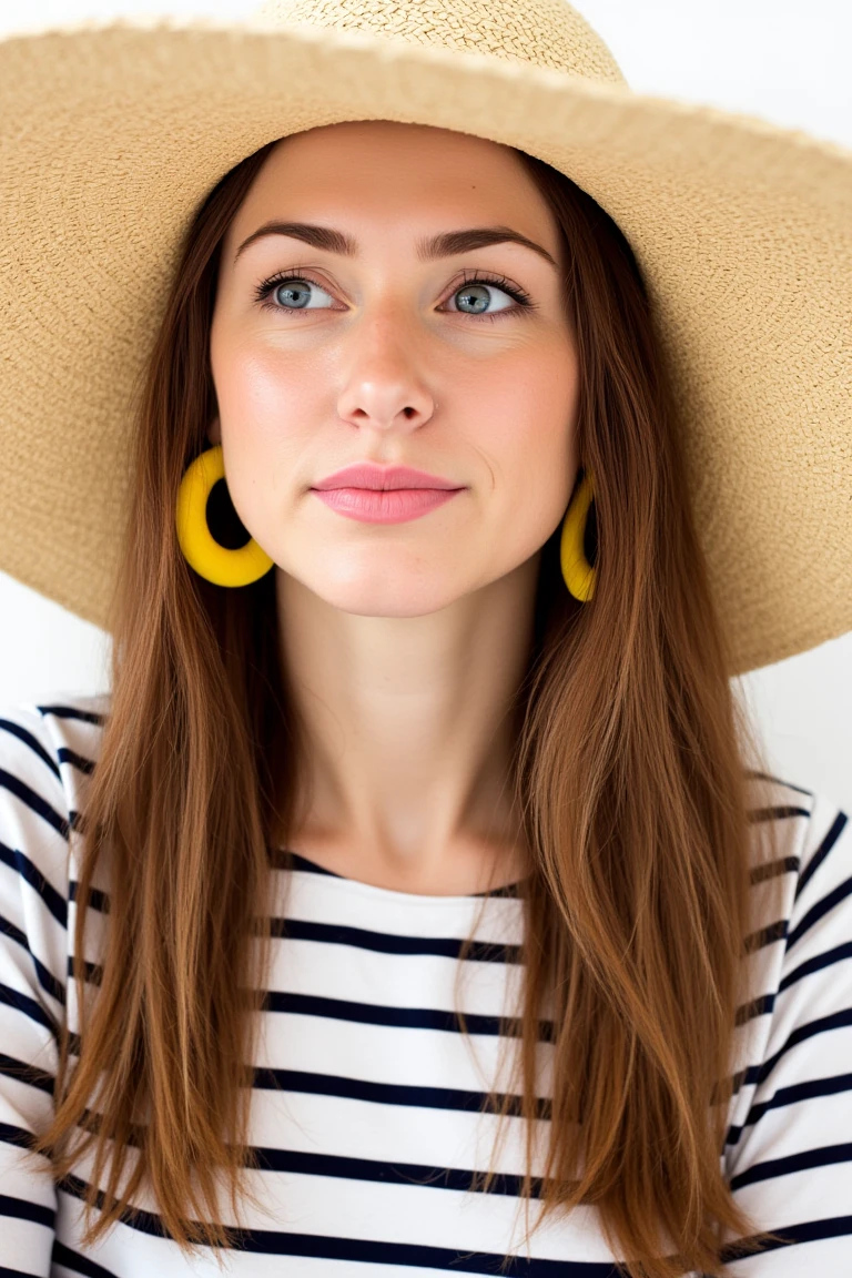 A woman is wearing a large straw hat. She has long brown hair and is wearing large yellow earrings. There is a striped shirt under the hat. The woman has blue eyes and is looking off to the side.