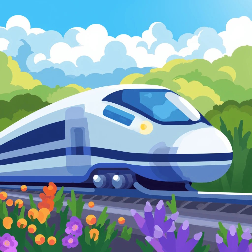 Kurzgesagt style, vector graphics illustration of a sleek, silver bullet train gliding smoothly above a track using magnetic levitation technology, with a sense of excitement and adventure surrounding it. , <lora:Kurzgesagt_style_vector_graphics_FLUX_v1_r1-000031:1>