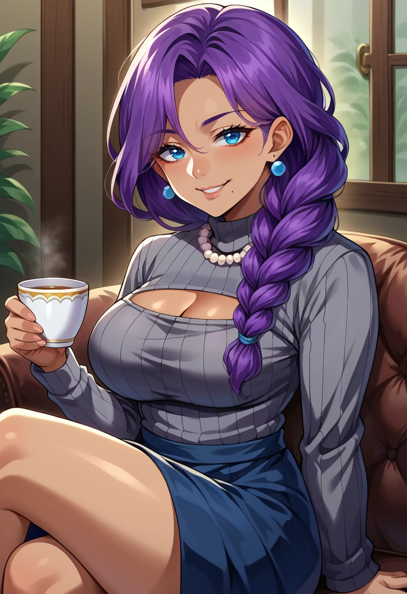 score_9, score_8_up, source_anime, 1girl, solo, ChaMmVT, mature female, blue eyes, mole under mouth, purple hair, long hair, braided ponytail, hair over shoulder, dark skin, earrings, pearl necklace, grey sweater, open-chest sweater, cleavage cutout, blue skirt, bare legs, sitting, indoors, on couch, holding, cup, tea, smirk, <lora:ChamChaChaPonyXL:1>