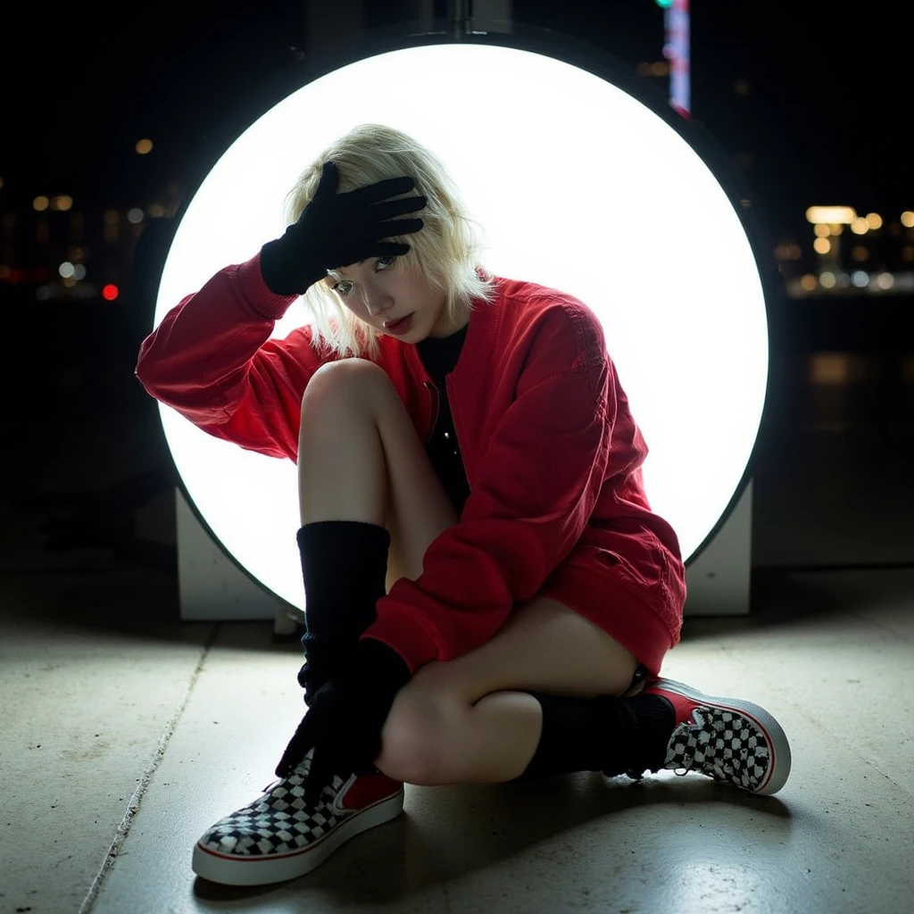 Aesthetic, dynamic pose, 1girl, solo, young woman with short, messy platinum blonde hair illuminated by a bright backlight. She is wearing an oversized red bomber jacket with the sleeves rolled up, paired with a black outfit underneath. Her legs are bent under her as she sits on her knees, with one hand resting on her head and the other raised near her face, partially covering her eye. The scene takes place at night, in an urban environment with distant city lights softly blurred in the background. She wears black gloves that extend past her elbows and checkered slip-on shoes. The lighting creates a strong contrast, casting dramatic shadows around her, while the glow from behind her forms a striking halo effect around her figure. The overall mood is futuristic and mysterious, with a cool, edgy atmosphere.