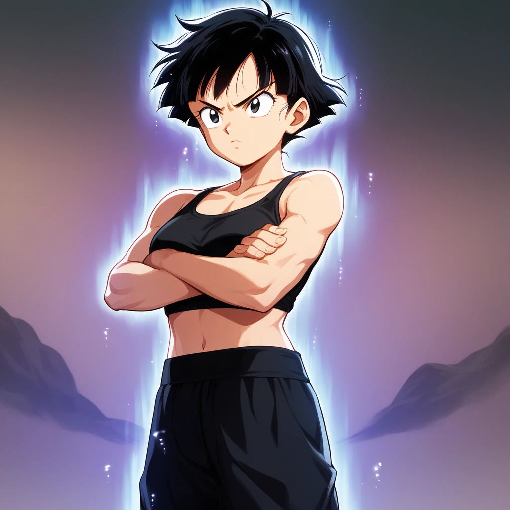 score_9_up, score_8_up, BREAK, UltrainstInctAura, aura, light particles, 1girl, solo, black hair, short hair, black sports bra, black leggings, cowboy shot,  <lora:UltraInstinctAura_PXL_Leaf2:1>, crossed arms,