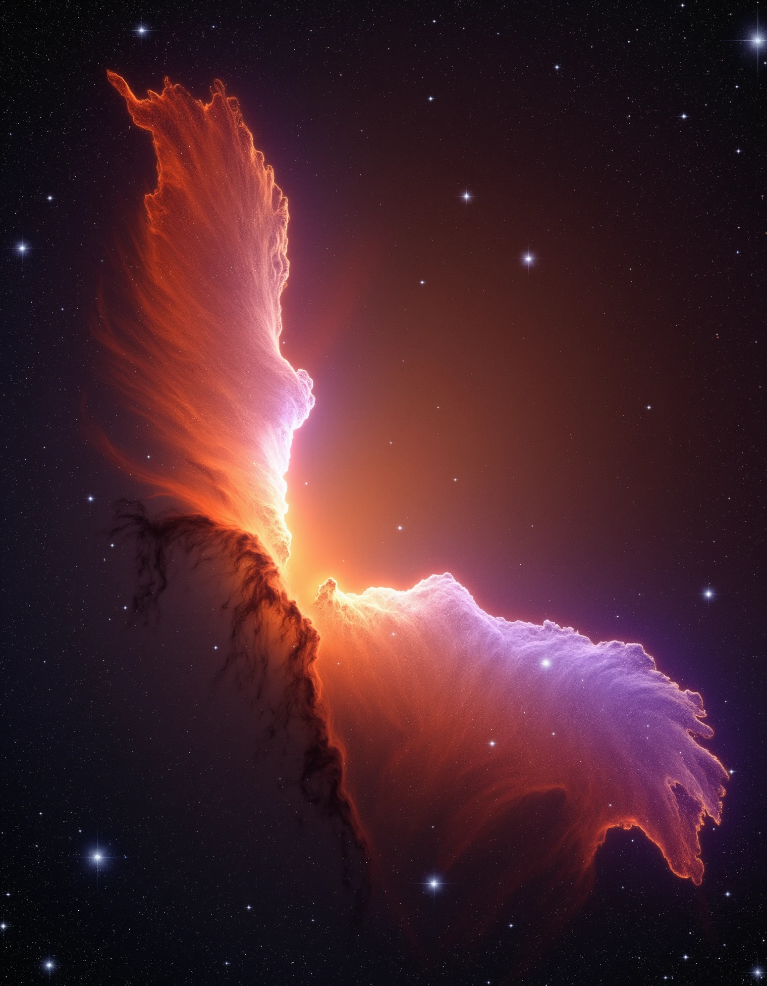 zavy-nbl, a massive cloud of interstellar gas resembling a fiery bird in mid-flight. The core of the nebula burns with a brilliant orange and red light, fading into cooler purples and blues at the wingtips. The image is taken from a high angle, emphasizing the nebula’s majestic, soaring form. Surrounding the nebula is a field of shimmering stardust, adding a sense of magic and rebirth to the scene