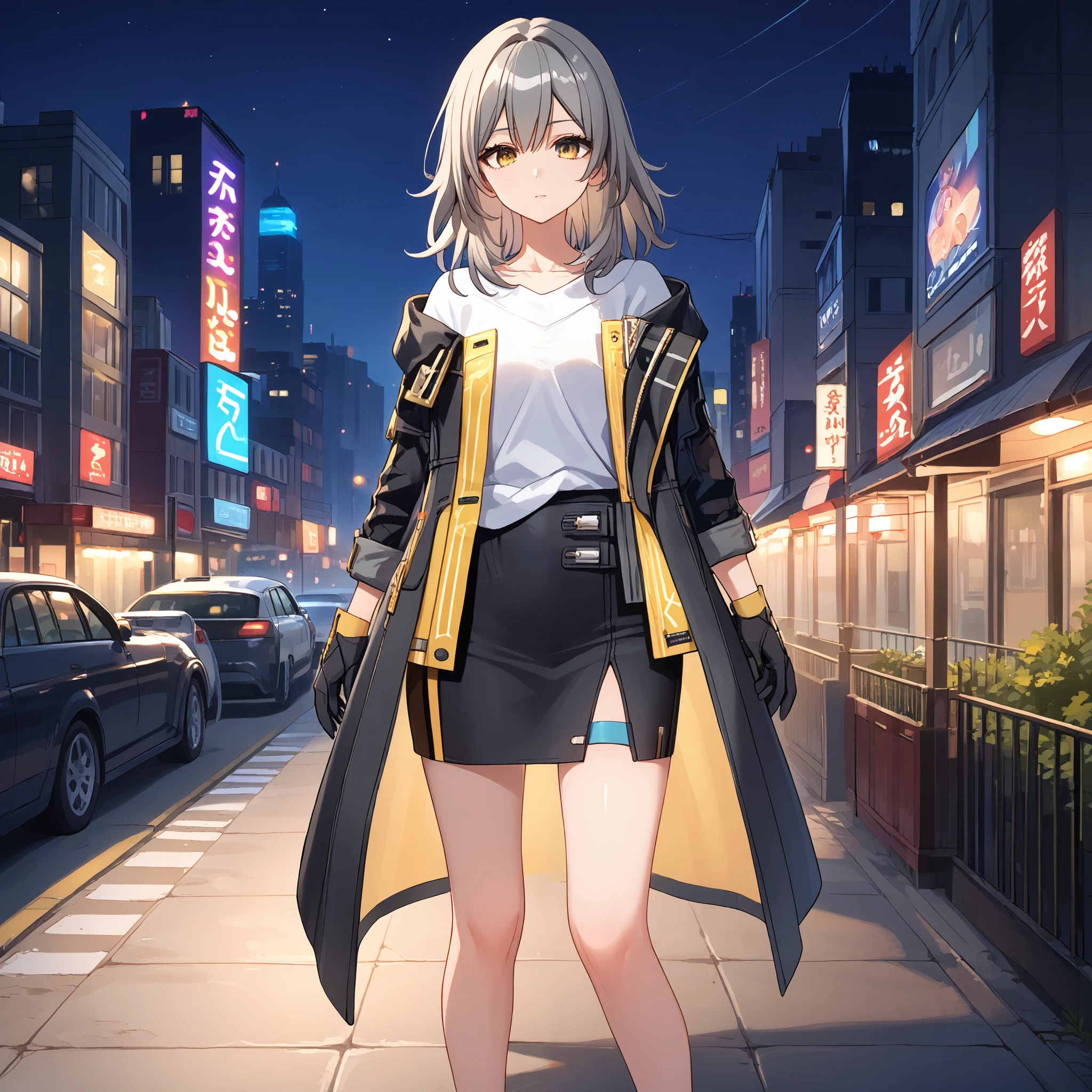 score_9, score_8_up, score_7_up, score_6_up, score_5_up, score_4_up, BREAK source_anime, look at viewer, rating_safe, 1girl, solo, outdoors, night, city, full body, standing, masterpiece, best quality, high detailed skin,  stelle \(honkai: star rail\), stelle def, medium hair, grey hair, yellow eyes, black jacket, open jacket, jacket, coat, white shirt, black gloves, miniskirt, black skirt, thigh strap,