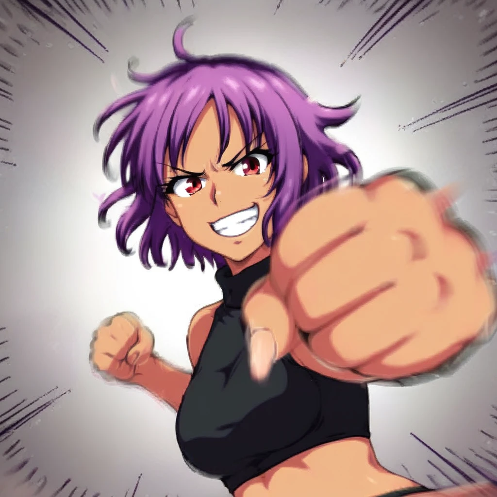 1girl, beating_you, tan skin, short hair, purple hair, tan skin, red eyes, angry, smile, punching, clenched fist, below pov, motion blur, black turtleneck, fists