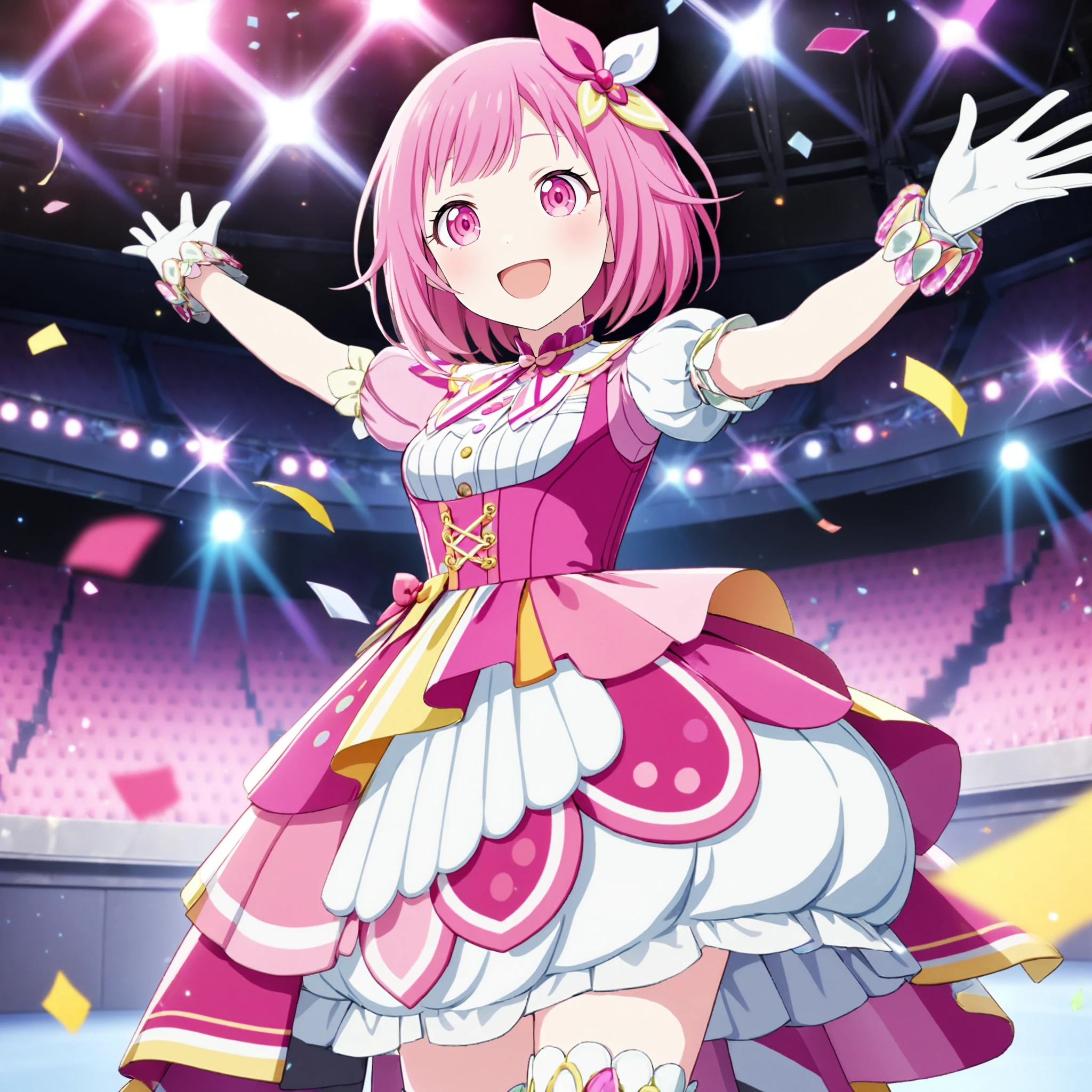 1girl, ootori emu, project sekai, masterpiece, very aesthetic, absurdres, official art,
brandnew emu, solo, pink short hair, pink eyes, 
looking at viewer, :D, outstretched arms, arms up, outstretched fingers, BREAK
asymmetrical skirt,  short sleeves, white gloves, puffy short sleeves, puffy sleeves, white thighhighs, frills, pink dress, corset, shirt, pink ribbon, white shirt, multicolored clothes, bracelet, zettai ryouiki, underbust, multicolored skirt, neck ribbon, bubble skirt, white skirt, frilled gloves, frilled dress, 
show stage, stage light, neon light, confetti-flurry, psyllium, auditorium is filled with spectator,
<lora:sdxl-ws-BNEmu03:0.8:lbw=0,0,0.2,0.2,0,0.4,0.4,0,0.8,0.8,0,0,0,0.8,0.8,0.6,0.8,0.0,0.0,0.0,0,0,0,0,0,0>