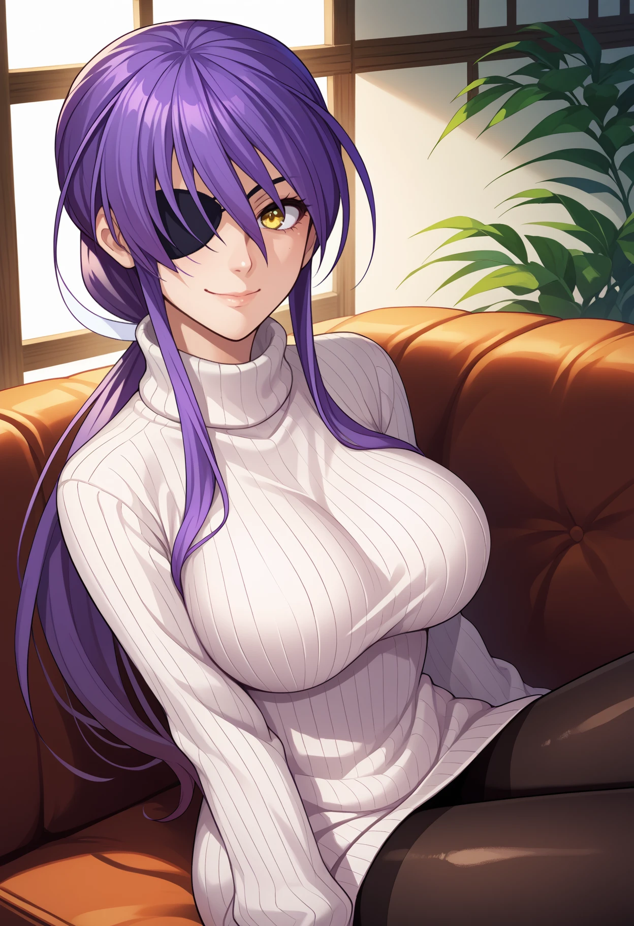 score_9, score_8_up, score_7_up, source_anime, <break> solo, 1girl, shiki reika, light smile, looking at you, sitting, couch, long hair, purple hair, ponytail, yellow eyes, eyepatch, white sweater, ribbed sweater, sweater dress, turtleneck, black pantyhose, large breasts, indoors
<segment:yolo-face_yolov8m.pt,0.4,0.5//cid=1>