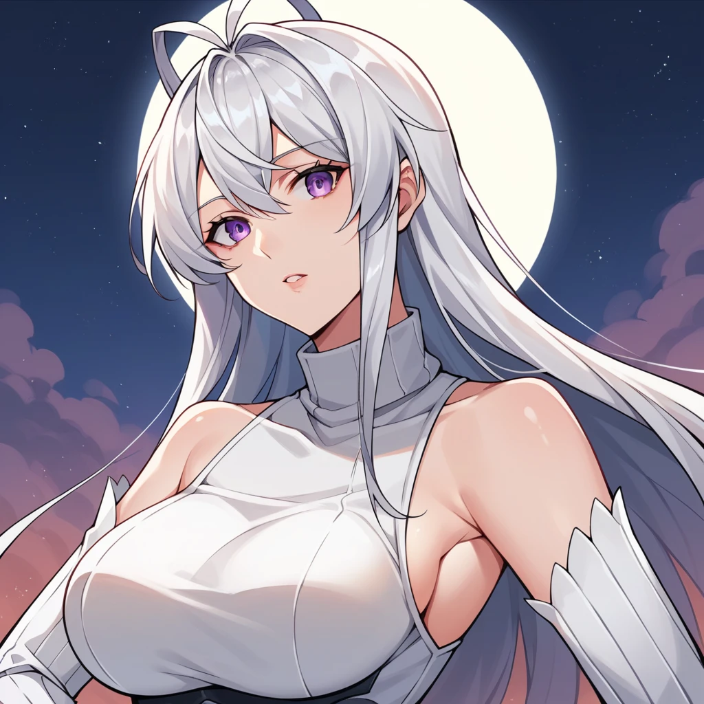 score_9_up, score_8_up, score_7_up, source_anime, 1girl, solo, GuYuena, Form_1st, moon light, starry sky, night sky, standing, looking at you, hand on hip, parted lips, upper body, face focus, from side, angled shot, white hair, long hair, purple eyes, white shirt, turtleneck, detached sleeves, white sleeves, antenna hair, long sleeves, ribbed sleeves, black gauntlets, ribbed thighhighs, white thighhighs, white shorts, bare hands, bare shoulders, mature body, dynamic cowboy shot, outdoors, sky clouds background