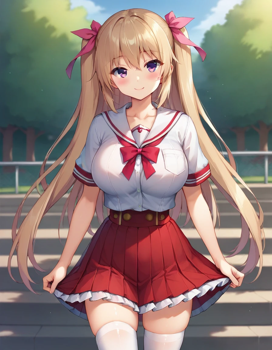 (masterpiece, highest quality:1.2), cowboy shot, alone, 1 girl, Kasukawa Sasara, smile, looking at the viewer, Put your own hands together, ribbon, , serafuku, long sleeve, pleated skirt, Thighhighs, Cherry tree、camel toe、huge tit、nipple puff、cleavage、Plump、Super big breasts、super big butt、Temptation、lure