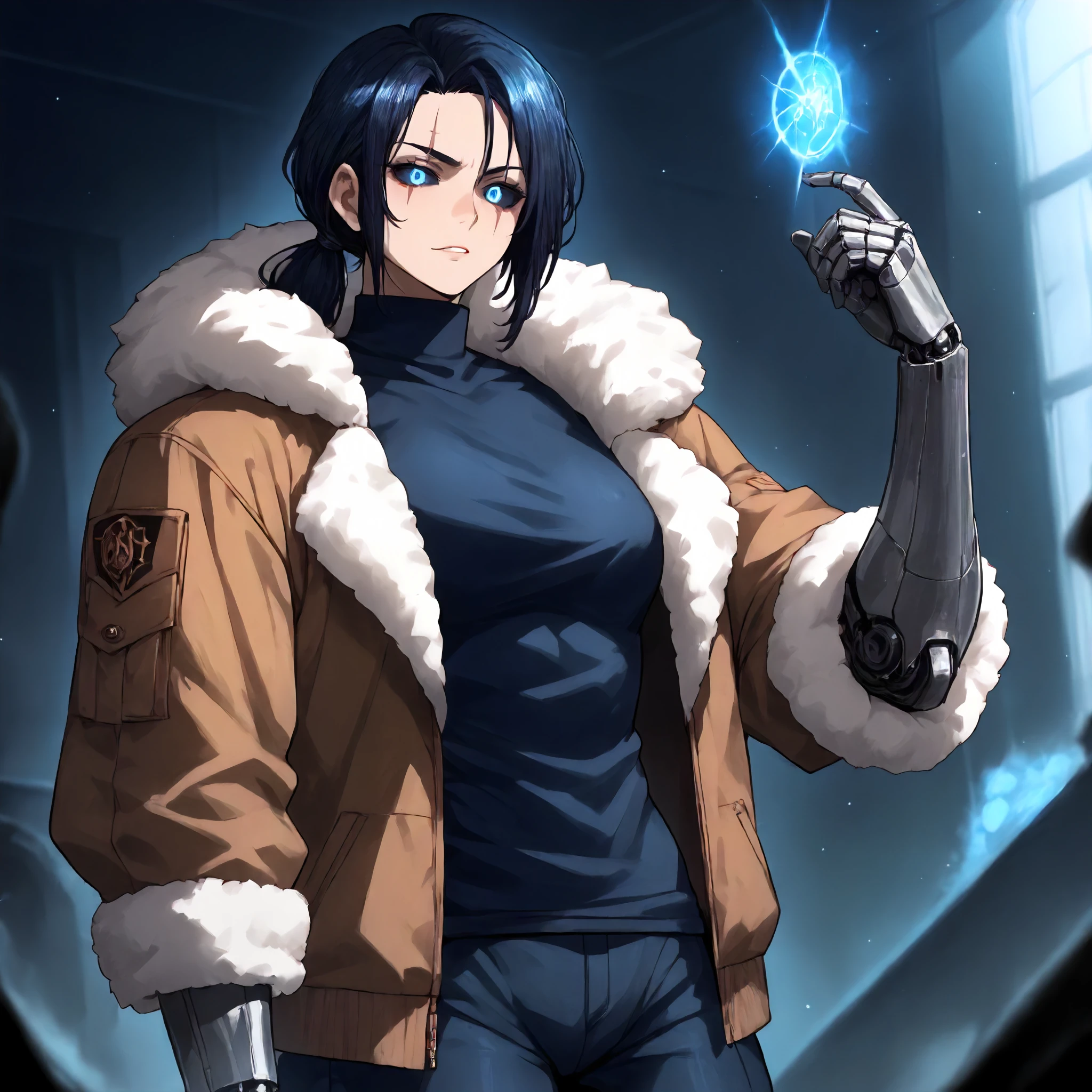 <lora:Art Style Limbus ID Art:1> l1mbu51d,   <lora:CoE Celia Stone:1> coecelia, single cybernetic arm, eyebrow scar, glowing blue eyes, black sclera, athletic build, low ponytail, fur lined bomber jacket, turtleneck,, score_9, score_8_up, score_7_up, score_6_up, score_5_up, score_4_up, masterpiece, detailxl. BREAK