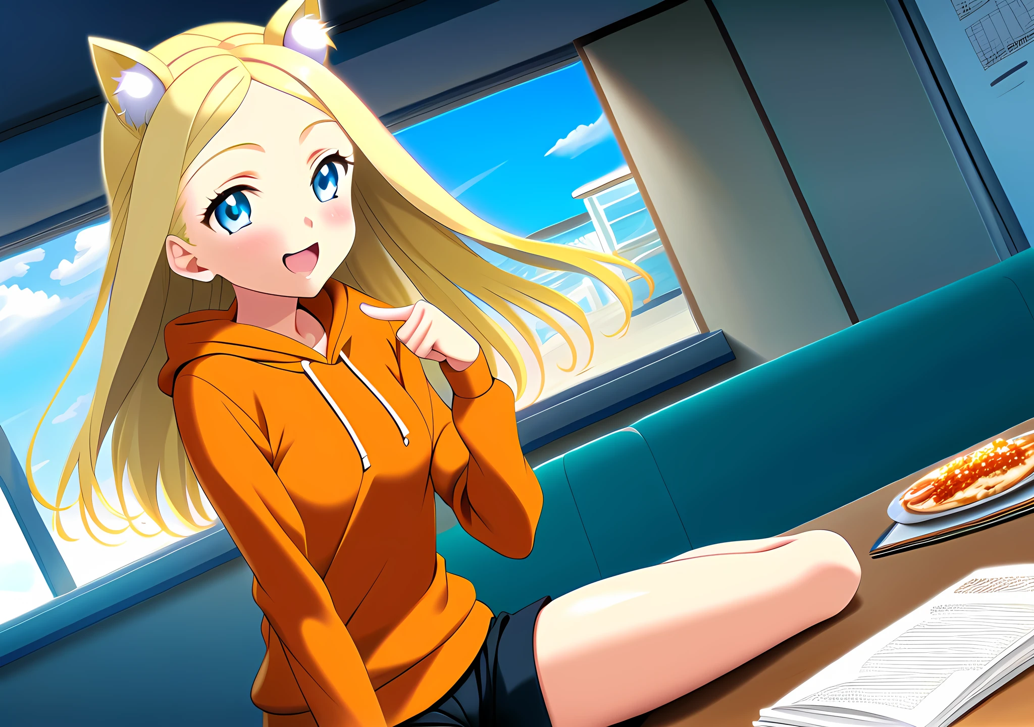 best quality,game cg,from_back,warm picture,1girl,early teen,(sit on the seat:1.1),(looking_at_menu:1.1),(pointing at the menu:1.1),naughty_face,expect,blonde hair,long hair,cat ears,orange rainyazurehoodie,shorts,cafeteria,table,a window seat,cloudy,<lora:alice anotherbible ponyXL V1:1>,