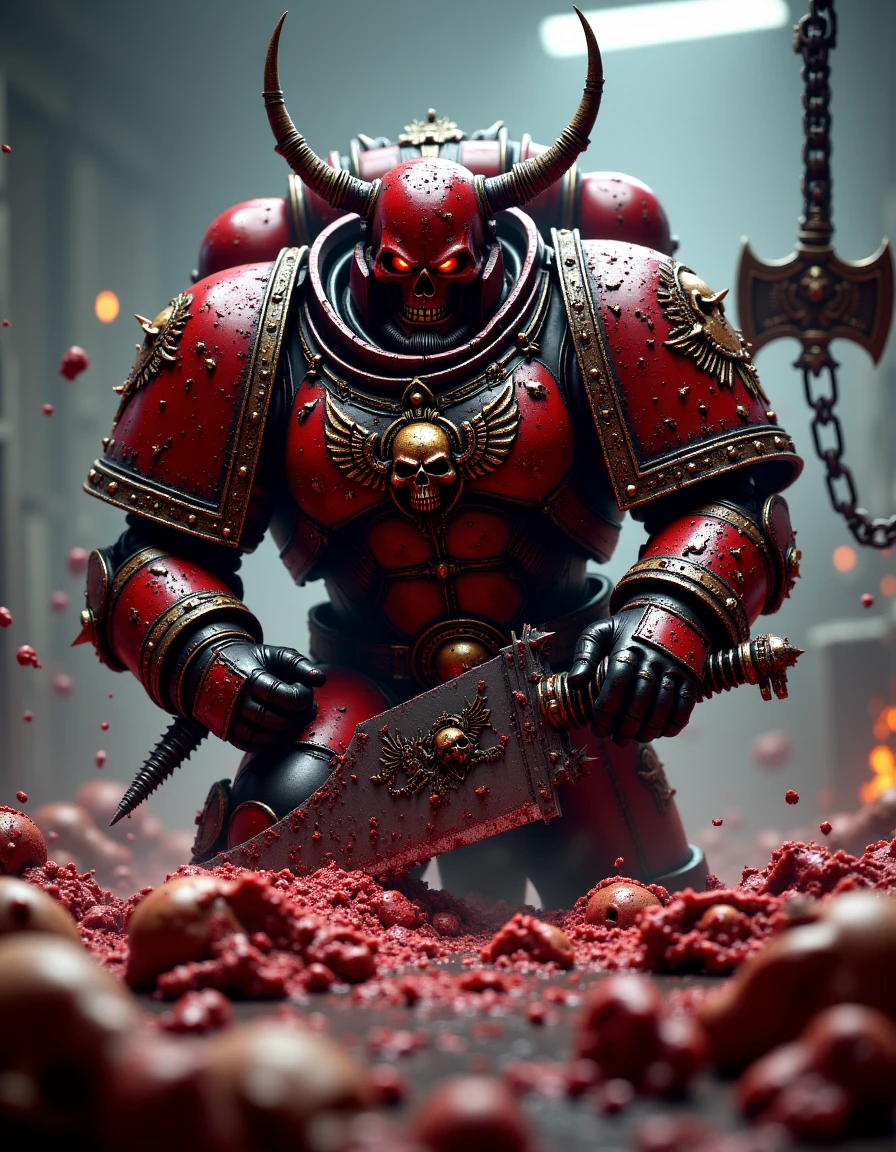 Imagine a Khorne Berzerker, fully armored in blood-red power armor, working at a meat packing plant. His massive frame towers over the conveyor belts as he wields a massive butcher's cleaver, hacking through carcasses with savage precision. His armor, still adorned with spikes and skull motifs, is splattered with blood from both his battle scars and his work. The industrial setting hums with machinery as slabs of meat slide past, while the Berzerker, with glowing red eyes, shows no hesitation in his relentless chopping, embodying his violent purpose even in this mundane task. His chainaxe leans against the wall, always within reach, as the sound of metal meeting flesh echoes through the plant.