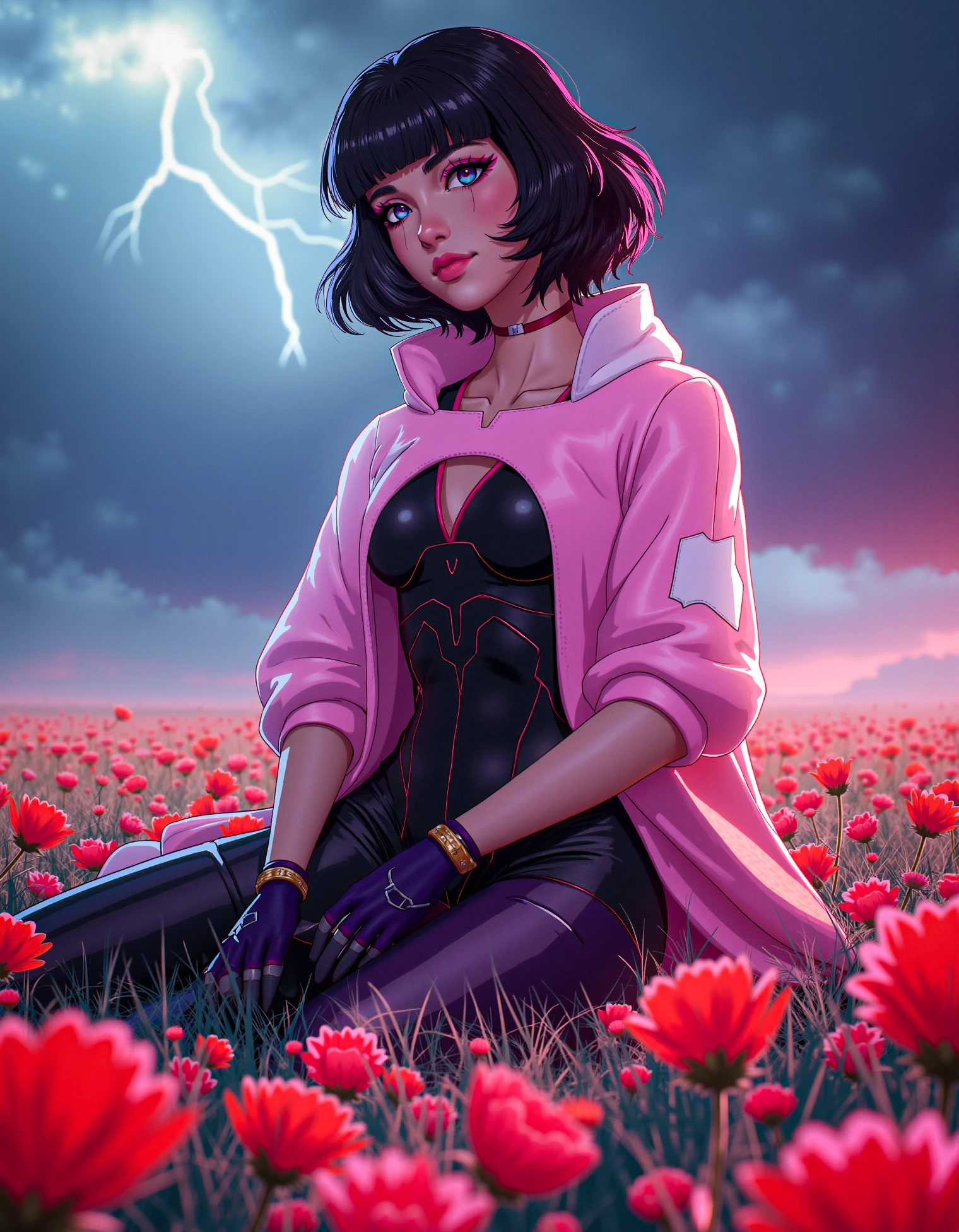 zavy-sasha, a young woman dressed in a black bodysuit and pink with white shrugs in digital painted art style, sitting in a field of vibrant flowers, with a storm brewing in the distance, her posture tense as she prepares for a fight