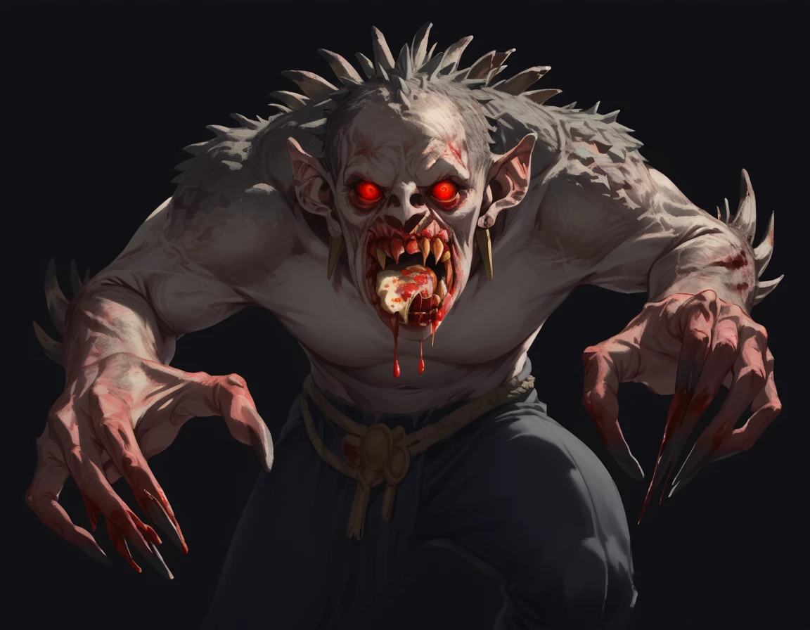 score_9, score_8_up, score_7_up, 2d, cartoon, source_cartoon, horror, black background, scary, masterpiece,
StrigoiGhoulKing, monster, claws, red eyes, red sclera, solid eyes, glowing eyes,
eating meat, blood, bloody, animal carcass,
 <lora:StrigoiGhoulKing_PonyXL:0.8>