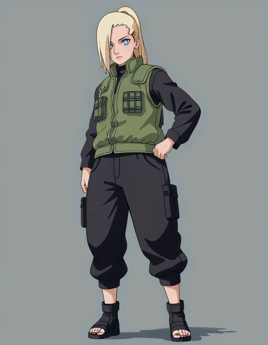 <lora:Ino_Yamanaka-step00000400:1>, 1girl, solo, ino_yamanaka, uniform, green vest, black pants, black sleeves, toeless footwear, simple background,