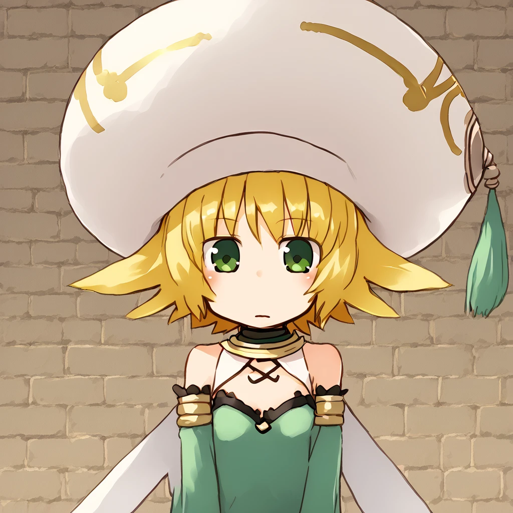 <lora:Character_Atoli_.hackG.U.:1>  atoligu, 1girl, solo, blonde hair, hat, short hair, detached sleeves, green eyes   <lora:masha_PonyXL_style_v01:1>