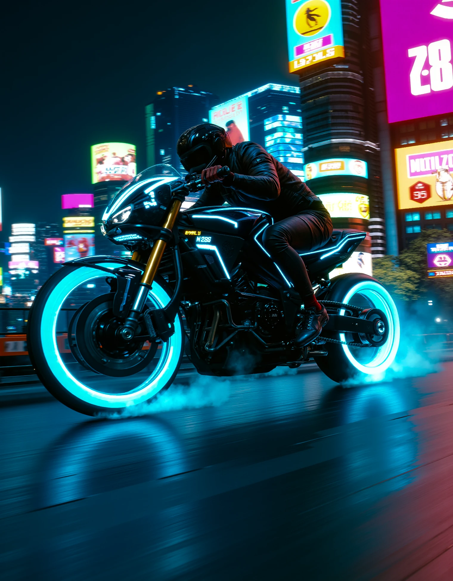 zavy-cbrpnkct, A futuristic motorcycle, speeding through a neon-lit cyberpunk city street at night. The rider wears a sleek, high-tech helmet, and the motorcycle's wheels glow with vibrant blue light. The city around them is a blur of neon signs, towering buildings, and rain-slicked streets. The scene is dynamic and full of motion, capturing the intensity of the ride. Sci-fi, cinematic, high-detail, vibrant colors