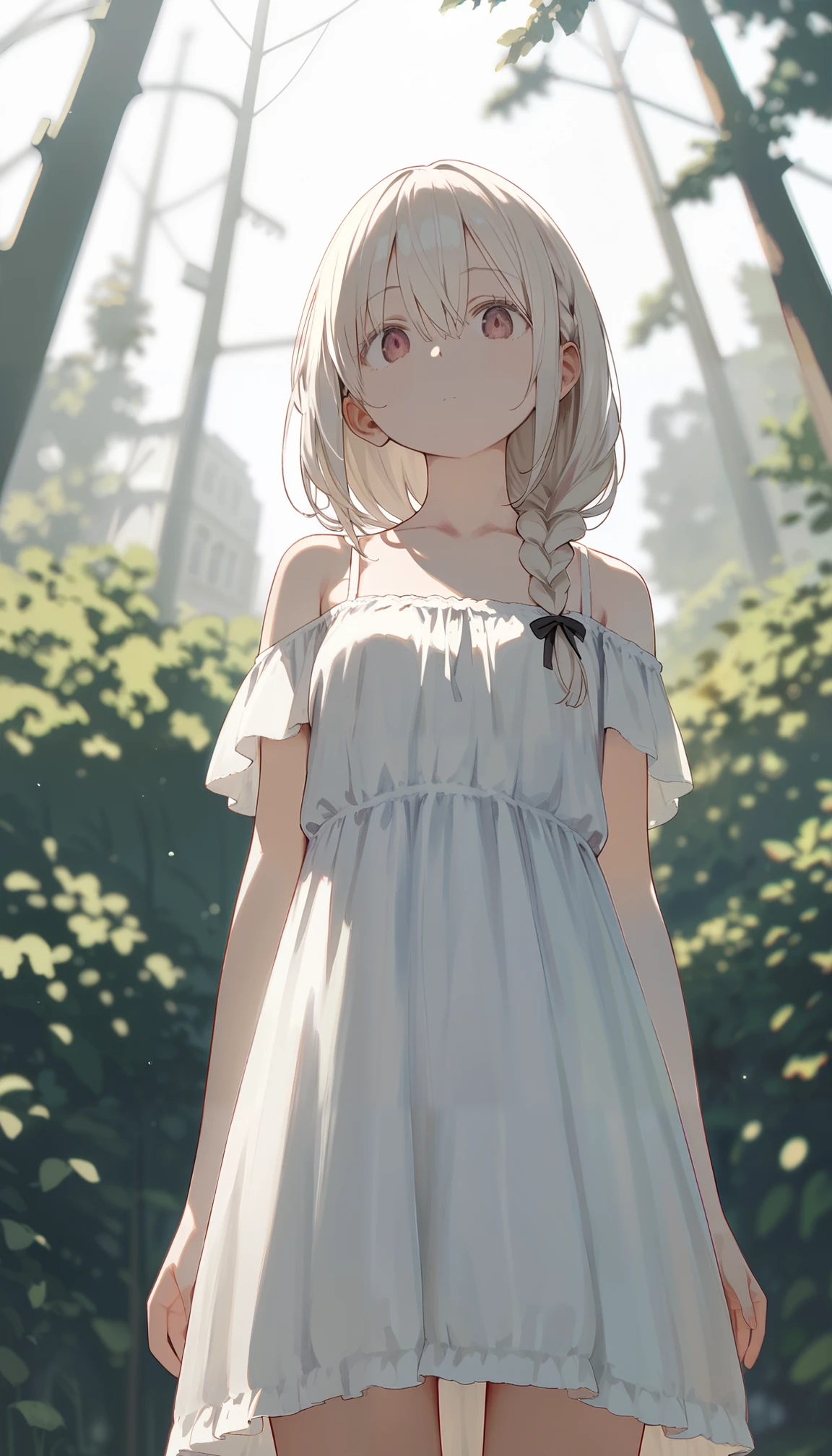 score_9, score_8_up, score_7_up, best quality,
source_anime,
\(rating_question\),

best_quality, incredibly_absurdres,
outdoors,
blurry_background,

(solo, 1girl:1.1), albino,

{black_hair|brown_hair|blonde_hair},
hair_between_eyes,
long_hair, (accent_braid:1.1),

brown_eyes, looking_at_viewer,

small_breasts,
detailed_eyes, eye_reflection,
dot_mouth,
off_shoulder sundress,

from_below,