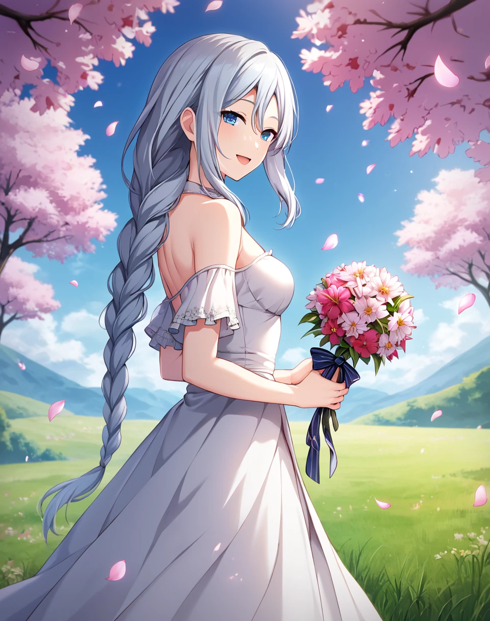 yoisaki_kanade, grey hair, very long hair, blue eyes, braided ponytail, white dress, long dress, frilled dress, elegant dress, off shoulder, official art BREAK outside, cherry blossom tree on background, floating pink petals, field of grass  BREAK looking at viewer, sexy face, sexy smile, open mouth, cowboy shot, holding bouquet, white bouquet,  from side, looking at side BREAK score_9, score_8_up, score_7_up, source_anime ,zPDXL, perfect hand,<lora:Yoisaki_Kanade:0.8>, petite body, small breasts, dutch angel