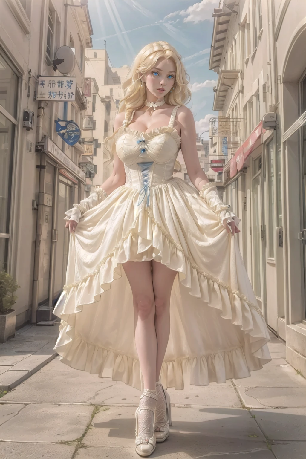 (masterpiece, best quality:1.2),illustration,8k,hd,solo,(blonde hair:1.4),1 girl,very long hair,solo,yg,white dress,earrings,choker,collarbone,footwear,heel,white gloves((cleavage:1.2)),huge breasts,(outdoors:1.4),(glowing blue eyes:1.3),full body,