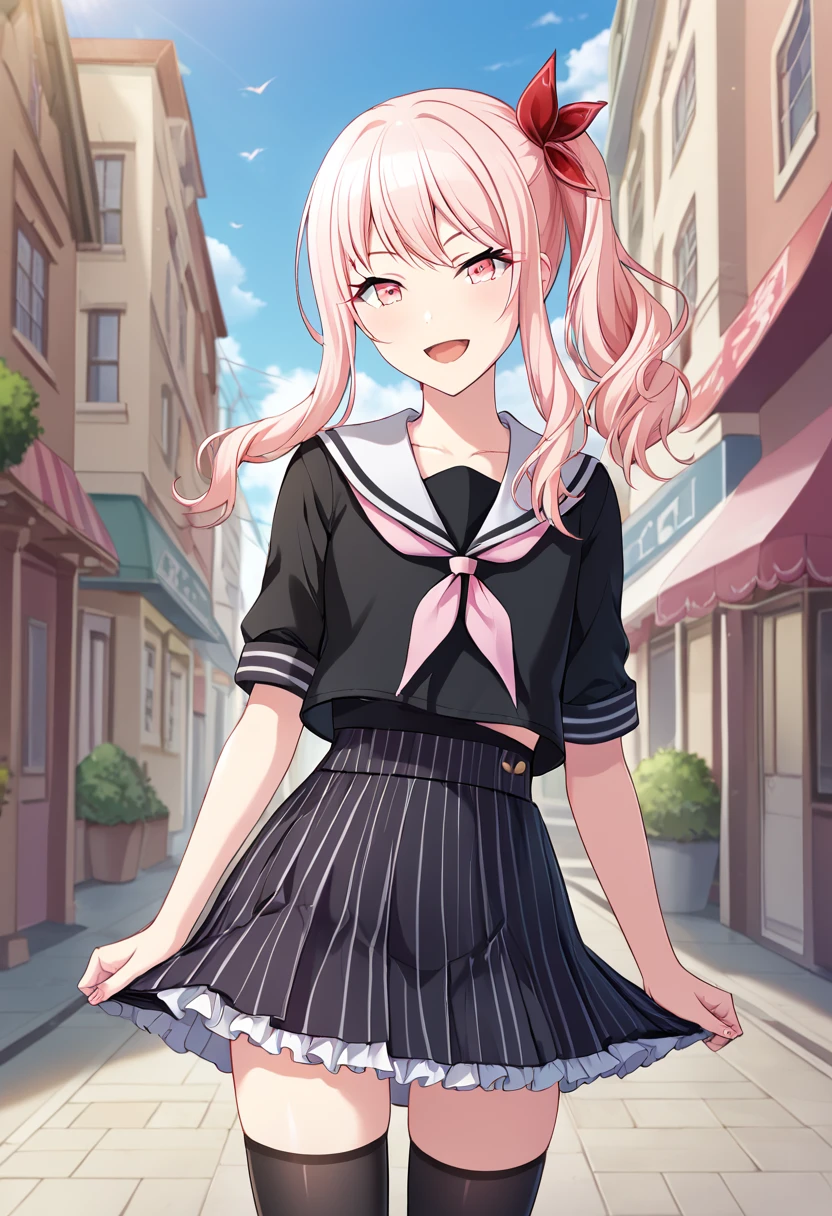 akiyama_mizuki, pink hair, long hair, side ponytail, pink eyes,  neckerchief, thighhighs, androgynous,  bangs, sidelocks, sailor collar, bow, striped skirt, black thighhighs, school uniform, sekai outfit, white sailor collar, black dress, frilled dress, frills, pink neckerchief,1other, official art BREAK outside, city street, BREAK looking at viewer, sexy face, sexy smile, open mouth, cowboy shot BREAK score_9, score_8_up, score_7_up, source_anime ,zPDXL, perfect hand, <lora:Akiyama_Mizuki:0.8>