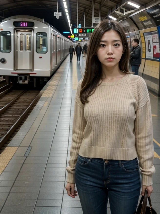 <lora:ReaLora:0.4> (realistic, photorealistic:1.37),
1girl, asian,
sweater, long sleeves, pants, standing, 
 <lora:JPN_Subwayplatform-v1:0.8> subway station