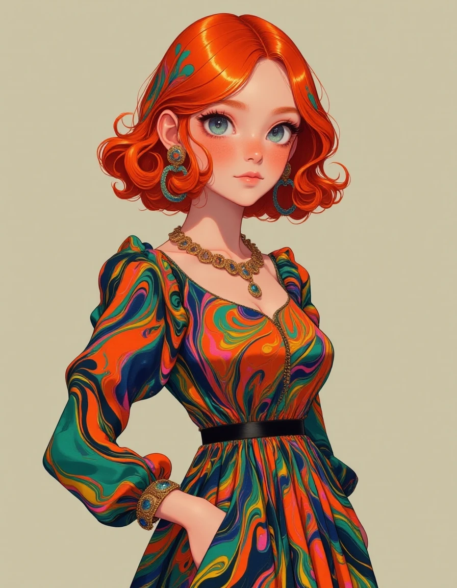 <lora:Ink_Marbling_Portraits (1):1> FFAIM, a redhead woman wearing a colorful dress
