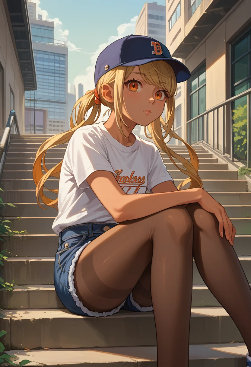 score_9, score_8_up, source_anime, 1girl, solo, KaminariQpi, orange eyes, dark skin, blonde hair, long hair, swept bangs, low twintails, baseball cap, t-shirt, denim shorts, pantyhose under shorts, sitting, stairs, outdoors, city, <lora:ChamKaminariQpiPonyXL:1>