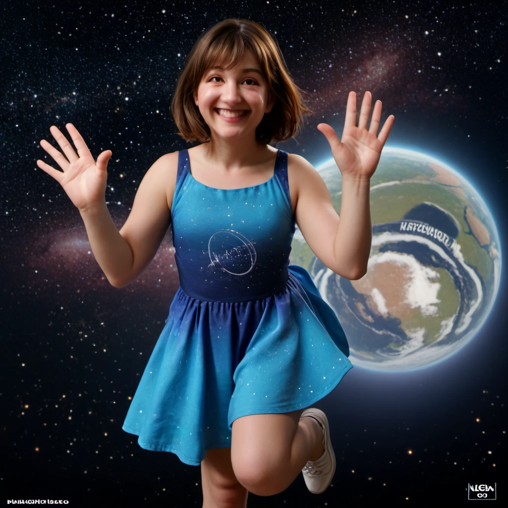 zPDXL ,<lora:Ugly_Women_for_Pony:1>, average, <lora:gijinkaseries_earth_ponyXL:0.8>, solo, 1girl, earth-chan, smile, waving, dress, outer space, hero pose, standing confidently, one leg slightly forward, arms akimbo,