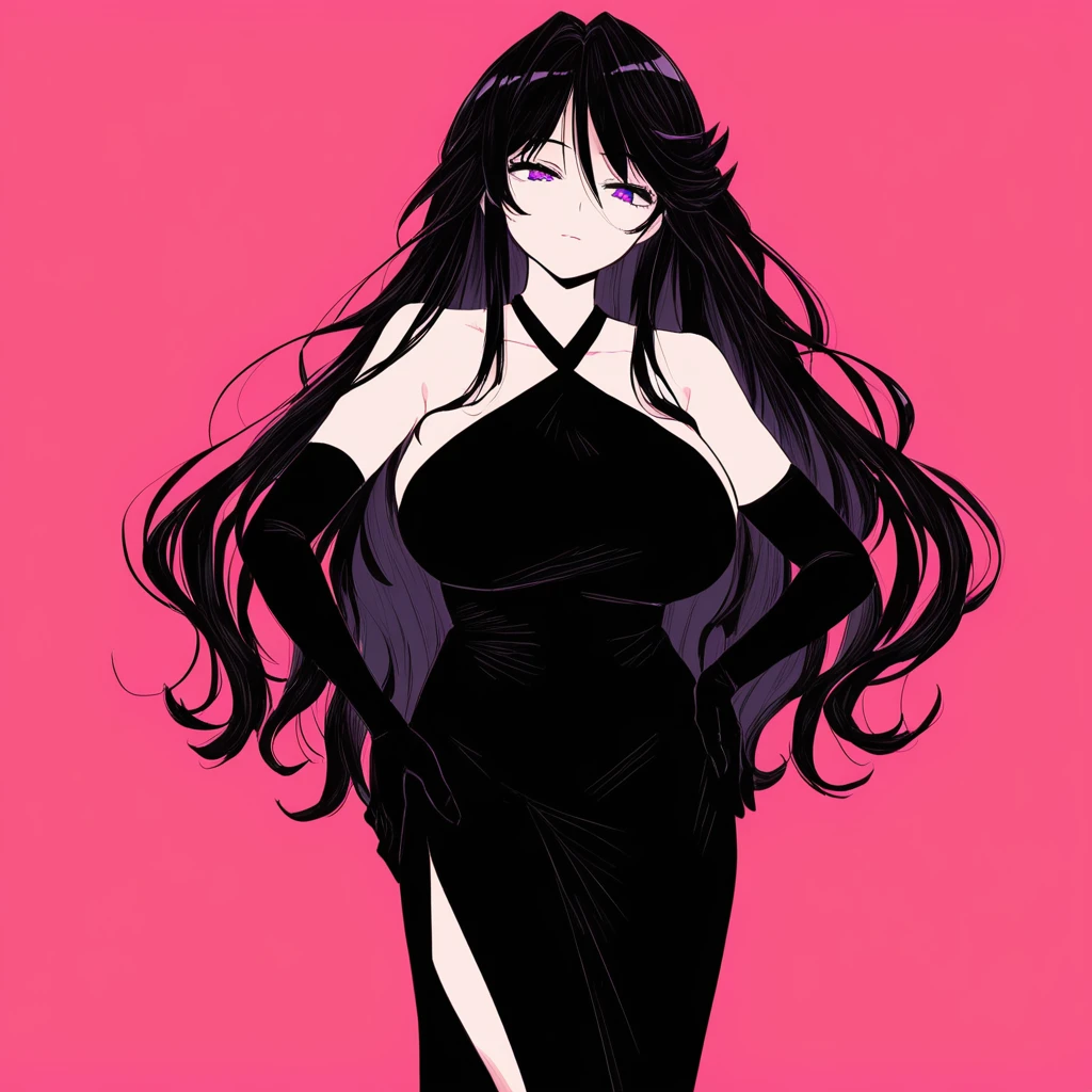 (masterpiece), best quality, expressive eyes, perfect face, score_9, source_anime, absurd res, mgmmz, 1girl, mature female, solo, black hair hair, long hair, large breasts, purple eyes,  black cocktail dress, black halter dress, elbow gloves, heels, hand on own hips, standing, facing viewer, cowboy shot, straight on, pink background, megami magazine