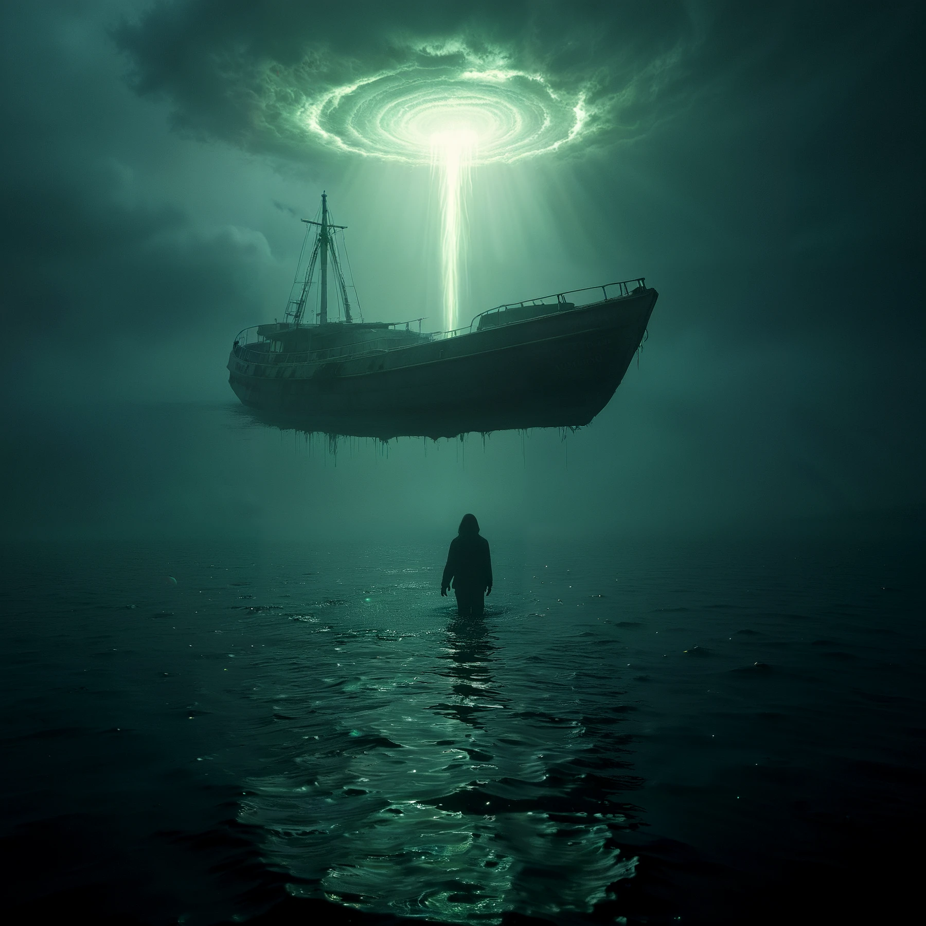 Ocean abduction. Spectral lights. On a boat.

<lora:AlienAbduction01-00_CE_SDXL_64x32x120x2bOT:1> alnabdctnCE style 