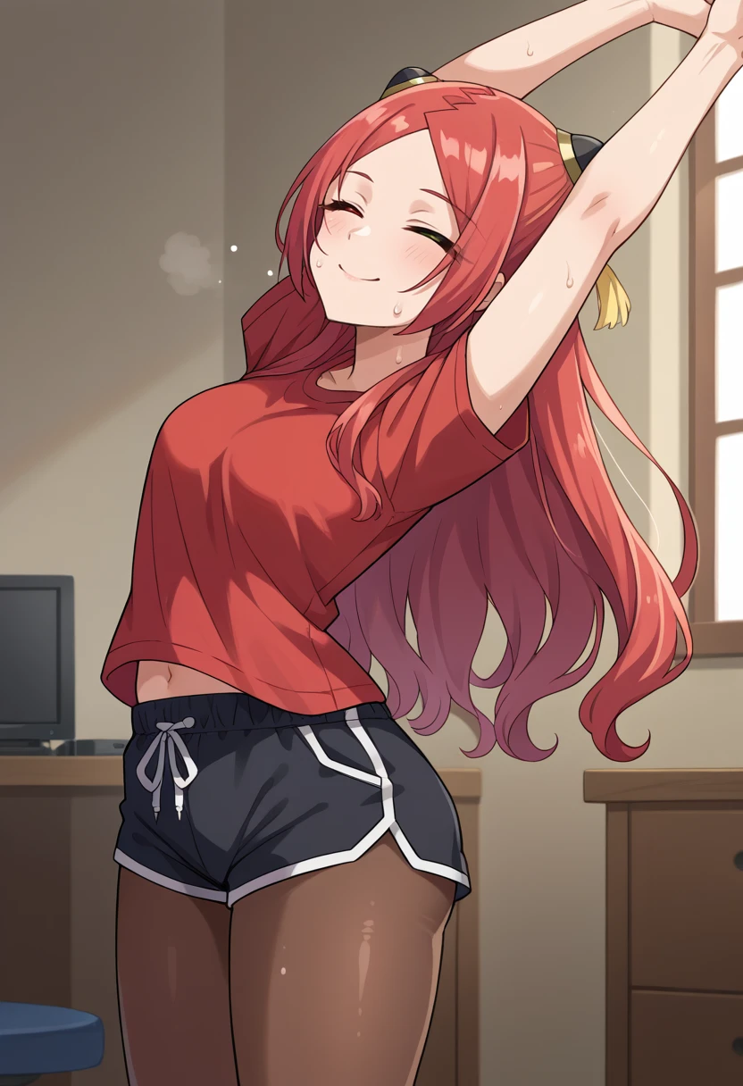 score_9, score_8_up, source_anime, 1girl, solo, ShibaTomoshibi, heterochromia, red hair, long hair, parted bangs, hairpods, red shirt, short sleeves, black shorts, dolphin shorts, black pantyhose, pantyhose under shorts, indoors, stretching, sweat, arched back, arms above head, closed eyes, smile, <lora:ChamShibaTomoshibiPonyXL:1>