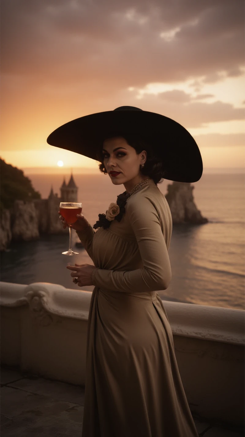 Alcina Dimitrescu wears a back hat and a dress in a castle. She is having a cocktail on the beach at sunset <lora:Alcina_Dimitrescu:0.9>