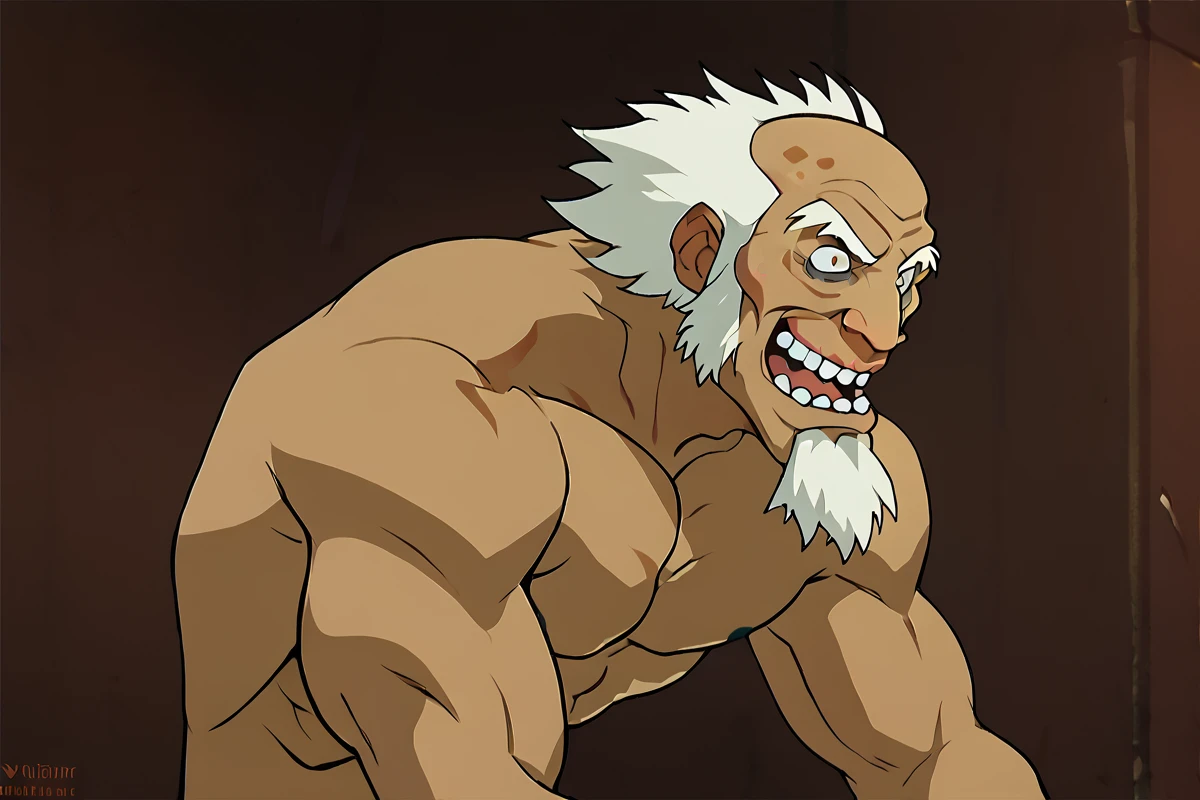 score_9, score_8_up, score_7_up,  solo, <lora:dizdoodz:0.8>  <lora:King_Bumi_Avatar_The_Last_Airbender:0.7> bald, dark skin, topless male, facial hair, beard, white hair, old man, old, muscular, pecs, crazy,  <lora:add_detail:1>