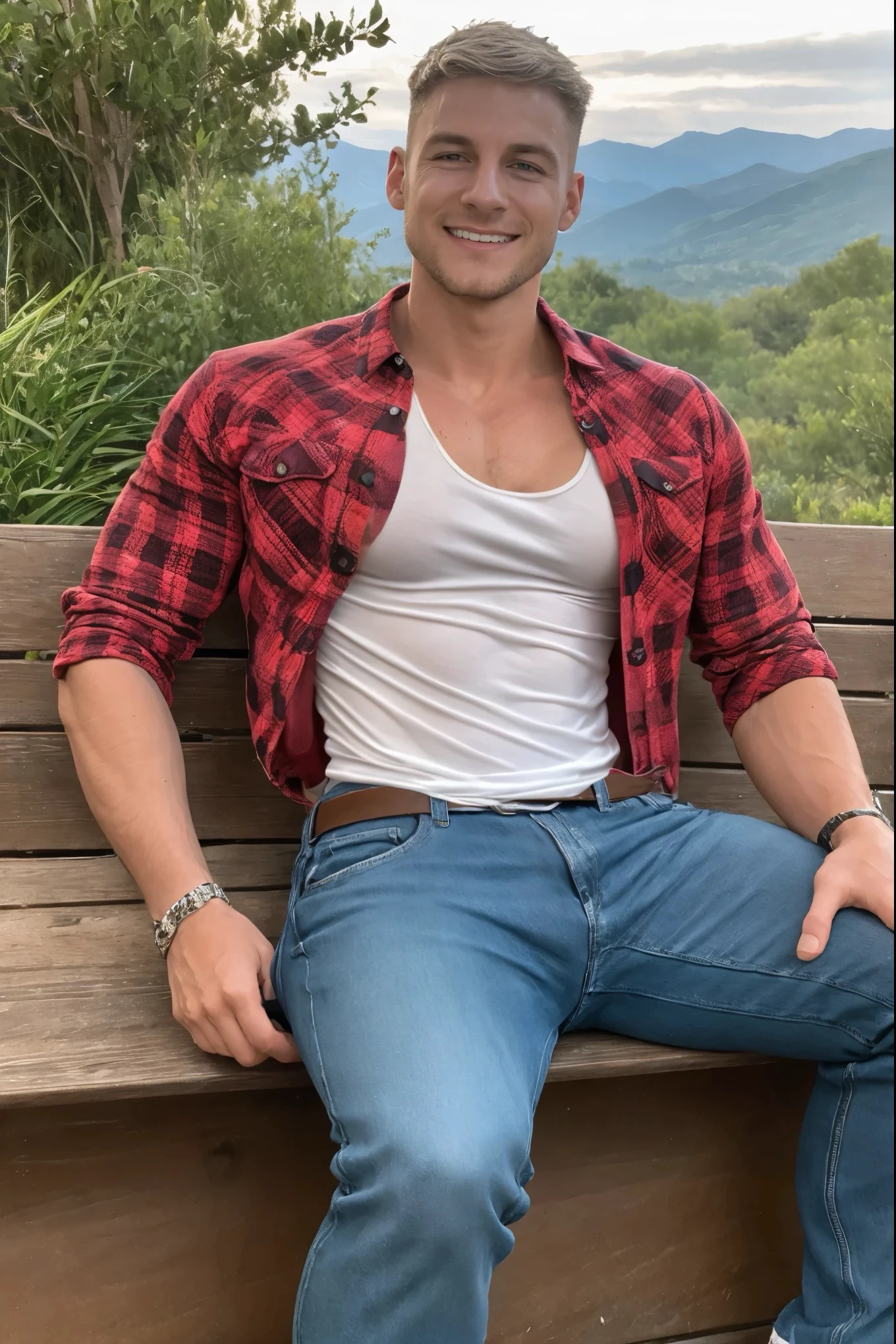 Max Wyatt, ((masterpiece)), ((best quality:1.2)), ((realistic)), High Resolution, 8k, full body image, (ultra_realistic:1.3), (photorealistic:1.4), sharp focus, 1boy, (perfect face), wide angle, handsome outdoors, (sitting on a corral fence:1.2), mountains in the background, smiling, ((he is wearing an open red flannel shirt with white tank underneath:1.2)), denim dark blue jeans, belt, shiny silver belt buckle, blue eyes, short blonde hair, muscular build, solo, 1boy, broad shoulders, smirking,