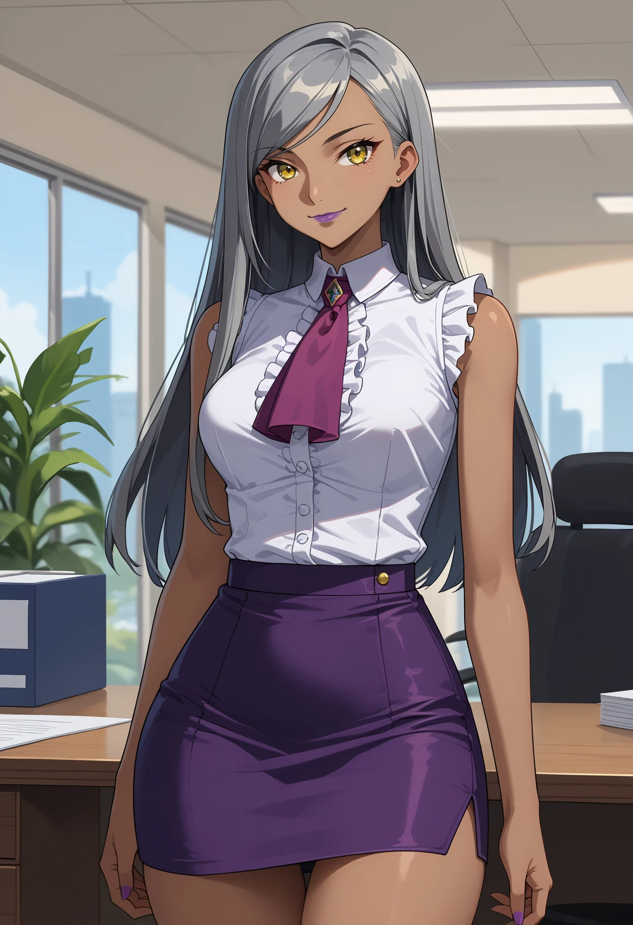 score_9, score_8_up,
<lora:CodeGeass_VillettaNuXL:0.8>,
1girl, closed mouth, light smile,
dark skin, dark-skinned female, long hair, grey hair, straight hair, swept bangs, yellow eyes, purple lips,
purple ascot, sleeveless shirt, white shirt, center frills, pencil skirt, purple skirt,
thighs, thigh gap, standing, arms at sides, looking at viewer,
office, blurry background, solo focus, indoors,