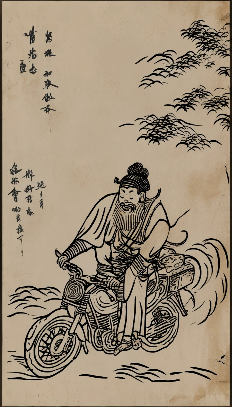 XMFG，Monochrome line drawing，An ancient Chinese man riding a motorcycle