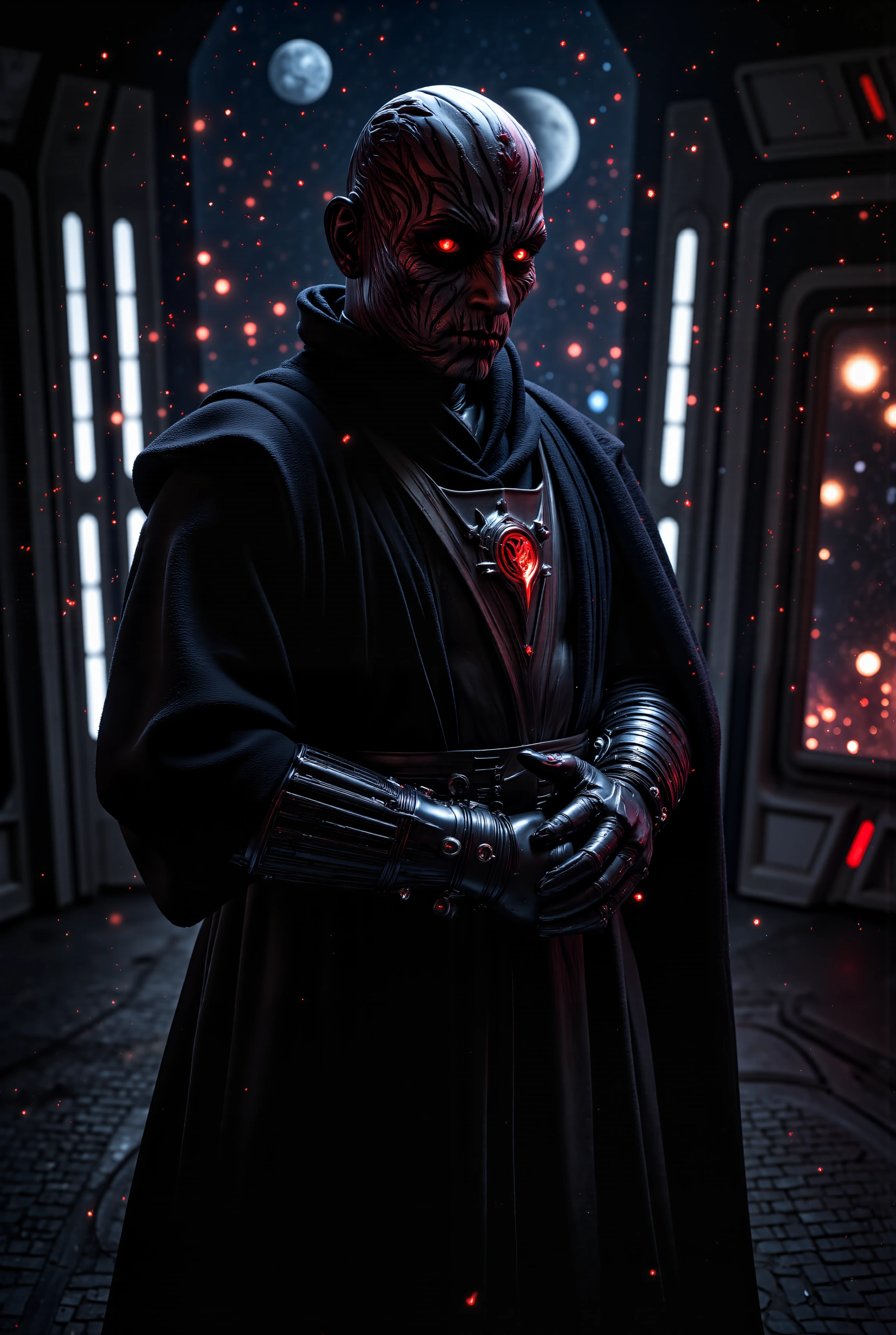 A hyper-realistic portrait, photorealistic photo close-up image of  On the bridge of a massive Sith dreadnought, a Sith Lord in sithoutfit with dark, weathered skin and glowing crimson eyes stands at the helm, his hands clasped behind his back as he gazes out at the stars. His sleek black armor, polished to a mirror finish, gleams under the harsh lights of the command center, while the faint red glow of his lightsaber hilt pulses at his side. The ship hums with dark energy, its engines rumbling like a distant storm as it cuts through the vacuum of space, an unstoppable force of destruction. The Sithâs face is etched with cold, calculating precision, his gaze fixed on the distant planet that is slowly growing larger on the viewscreen. Behind him, officers and acolytes move with nervous efficiency, their fear of the dark lord palpable in the tense atmosphere of the bridge. The distant stars flicker and die as the shipâs massive shadow passes over them, casting the universe in darkness. His voice, low and commanding, echoes through the bridge as he issues the final order to unleash the shipâs devastating superweapon. Outside the viewport, the planet trembles as the weapon powers up, its surface beginning to crack and buckle under the sheer power of the Sith. (photography, high-resolution, dynamic, energetic,hyper-realistic, dramatic lighting, shallow depth of field.), detailmaximizer, MythP0rt<lora:midjourney_whisper_flux_lora_v01:0.55><lora:aidmaMJ6.1-FLUX-V0.1:0.4><lora:FluxMythP0rtr4itStyle:0.4><lora:detailed_flux_ntc:2.2><lora:aidmaImageUpgrader-FLUX-V0.1:0.65><lora:SITH_FLUX:1.1>