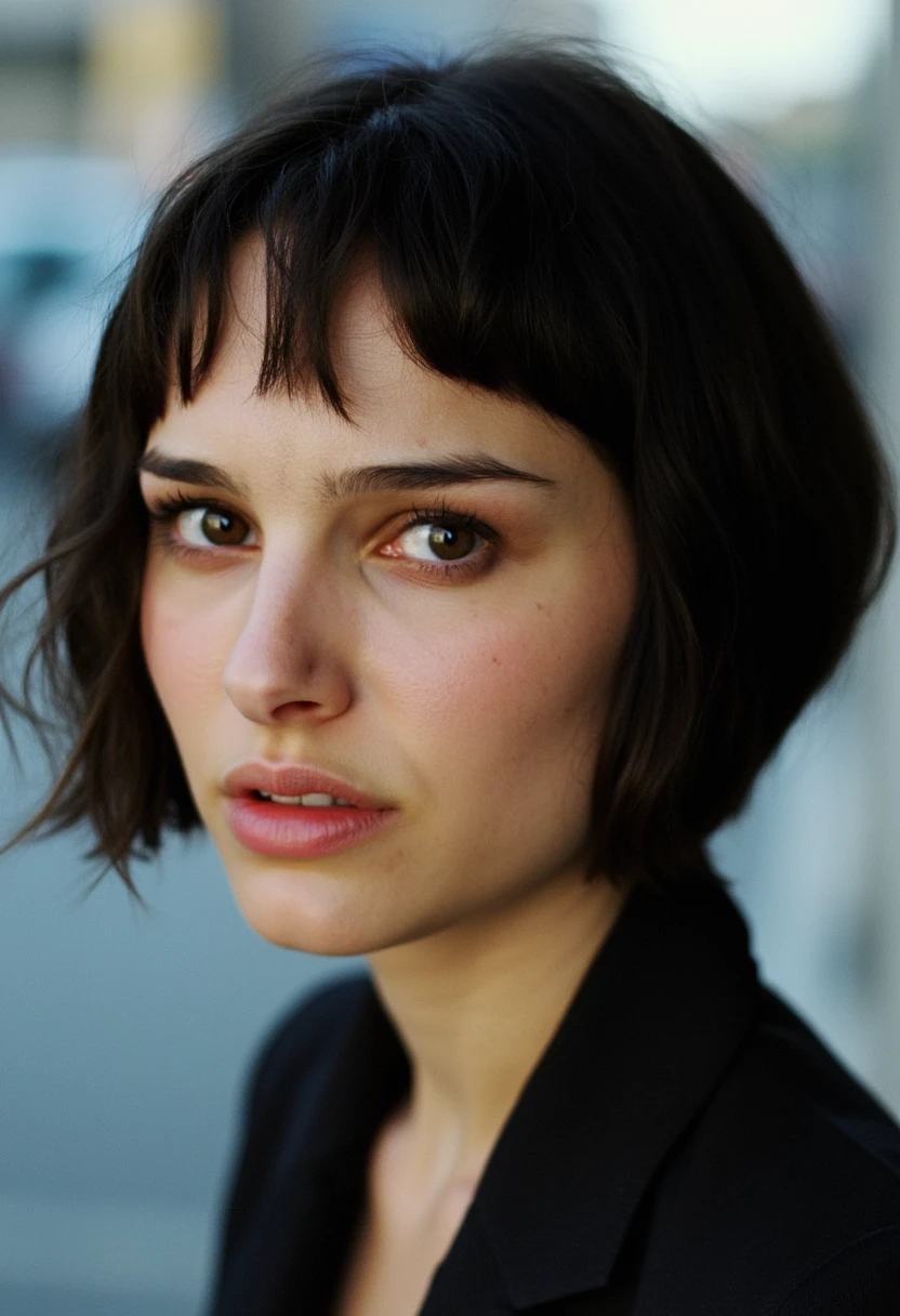 Raw photo of Natalie Portman with a sleek black bob cut, close-up shot, high contrast lighting, sharp focus on her face, neutral expression, clean background, modern urban setting, candid pose, natural skin texture, minimalistic composition.