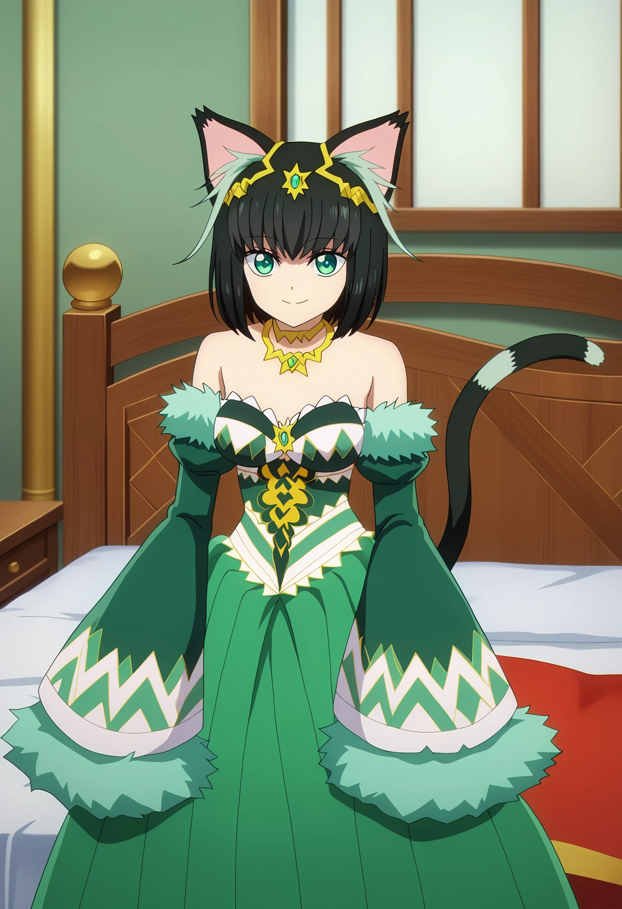 score_9, score_8_up, score_7_up,source_anime,
BREAK
1girl, solo, 
<lora:shiTamaV1:1>, tamapridre, short hair, black hair, multicolored hair,
green eyes, cat tail, cat ears, animal ears, 
long dress, long sleeves, jewelry, bare shoulders, detached sleeves, official alternate costume, wide sleeves, necklace, sleeves past wrists, fur trim, strapless, strapless dress, green dress, 
looking at viewer, smile, indoors, bed,