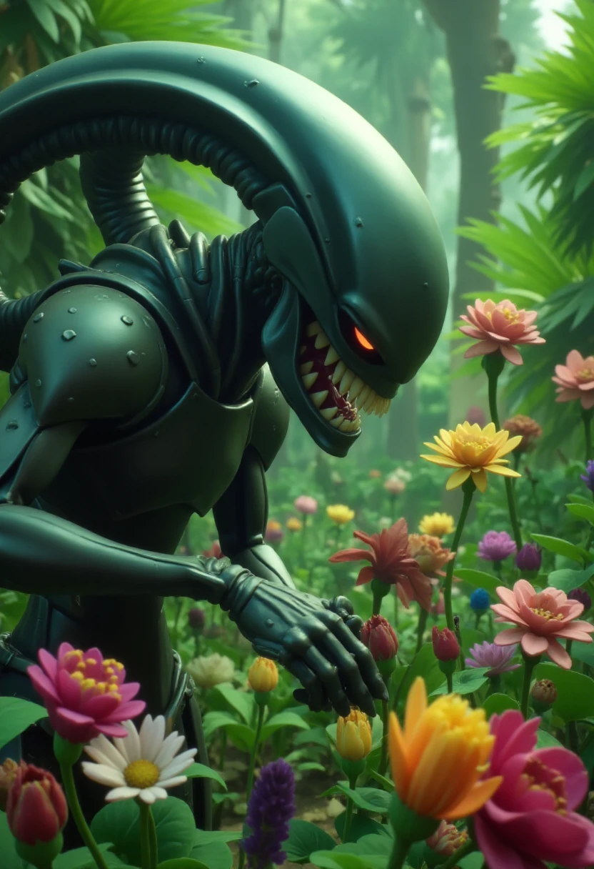 <lora:Crash_Bandicoot_4_Style_FLUX:0.8> cr4shstyle,   black Xenomorph picking flowers in a garden