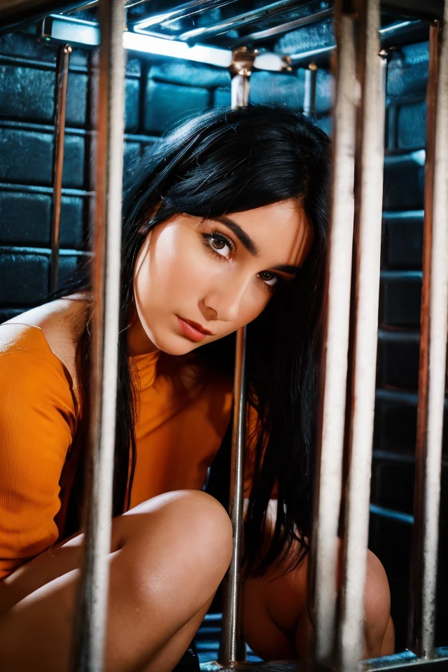 <lora:cgedbdFT15_p0-step00011000:1> 1girl, cage, solo, realistic, sitting, restrained,  frown,
perfect face,  skinny,  20 year old,  petite, huge breasts, Blue black hair flaps,  fair skinned Northern Irish , , skin texture, Pumpkin Spice Orange eyes,  best quality , RAW photo, subject, 8k uhd,  high quality, photorealistic, night club bathroom,