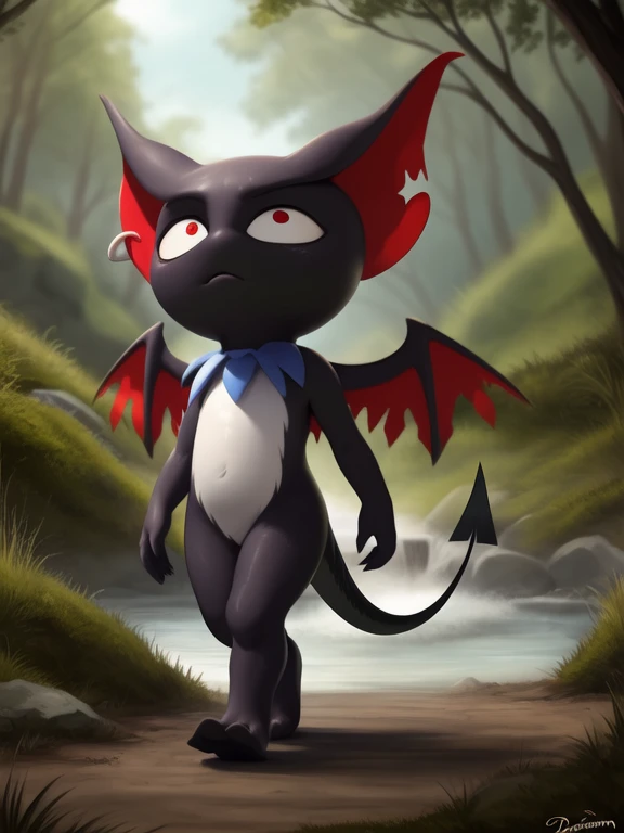 <lora:DanteMonkartYiff:1> DanteMonkart, black skin, red eyes, earring in the ear,  wings, earring, white belly, (tail, pointed tail), chibi, small body, 
Looks at the viewer, [ solo, nature, forest, day, clouds, waterfall,]   (( walking, ))
(beautiful, aesthetic, perfect, delicate, intricate, saturated colors), masterpiece, digital drawing, best quality,
[by dagasi|ancesra:0.6], [by foxovh|personalami:0.5], [by einshelm|tom_fischbach],
