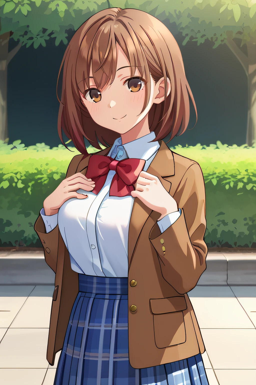 score_9, score_8_up, score_7_up, source_anime, rating_safe, intricate details, anime screencap, official style, 1girl, <lora:Tokimori_Shiina:1>, shiina, medium hair, brown hair, brown eyes, white shirt, red bowtie, brown jacket, plaid skirt, blue skirt, looking at viewer, smile, outdoor, hand on chest, cowboy shot