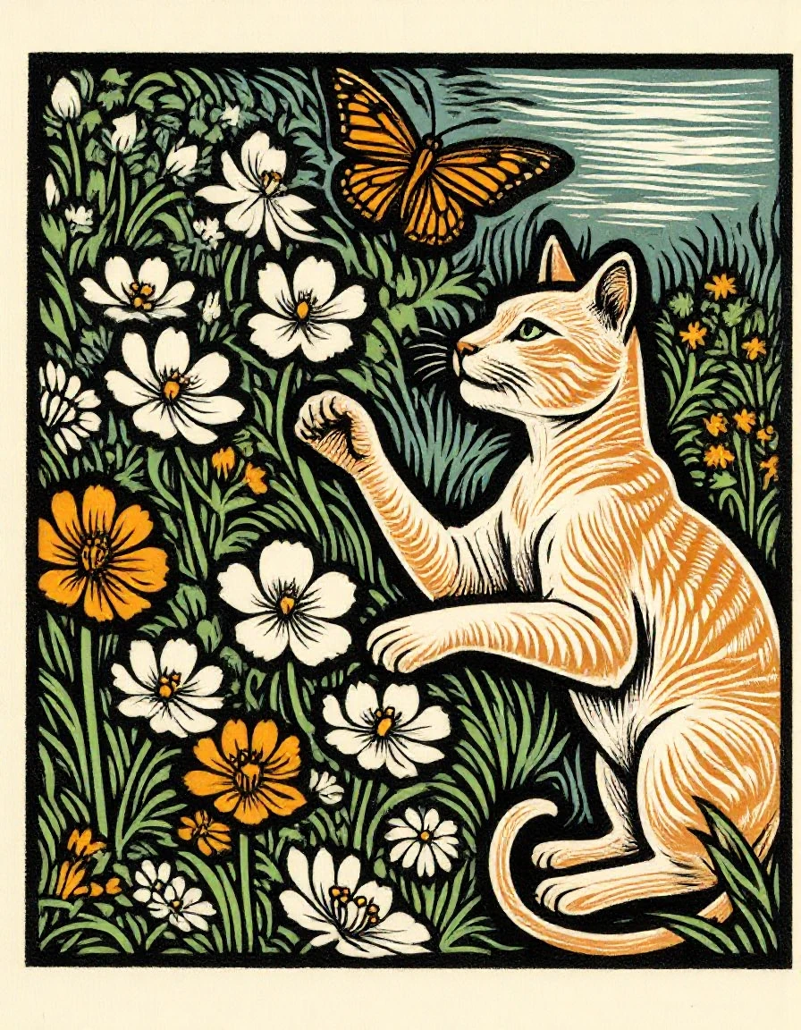 Woodblock print of a cat mid-pounce towards a fluttering butterfly in a garden