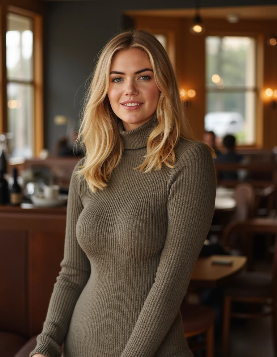 <lora:Kate_Upton_Flux:1> beautiful detailed photograph, blonde hair cascading over her shoulders, mole, wearing a turtleneck dress standing in cafe looking at the viewer, smiling