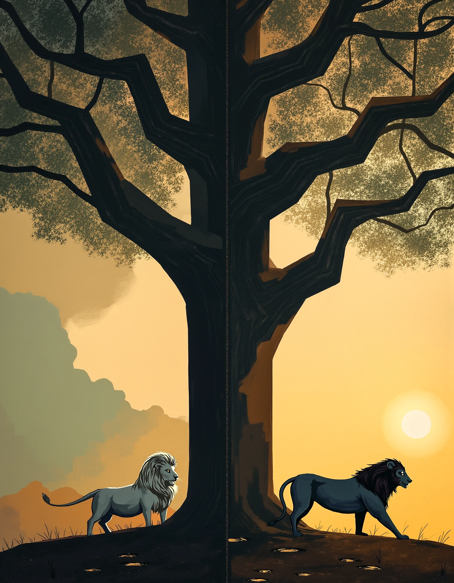 zavy-trtrt, A flat design and geometric abstraction Art Deco painting of two lions, one silver and one obsidian, standing on opposite sides of a massive tree whose branches form intricate geometric patterns in the sky. A soft, golden light filters through the leaves