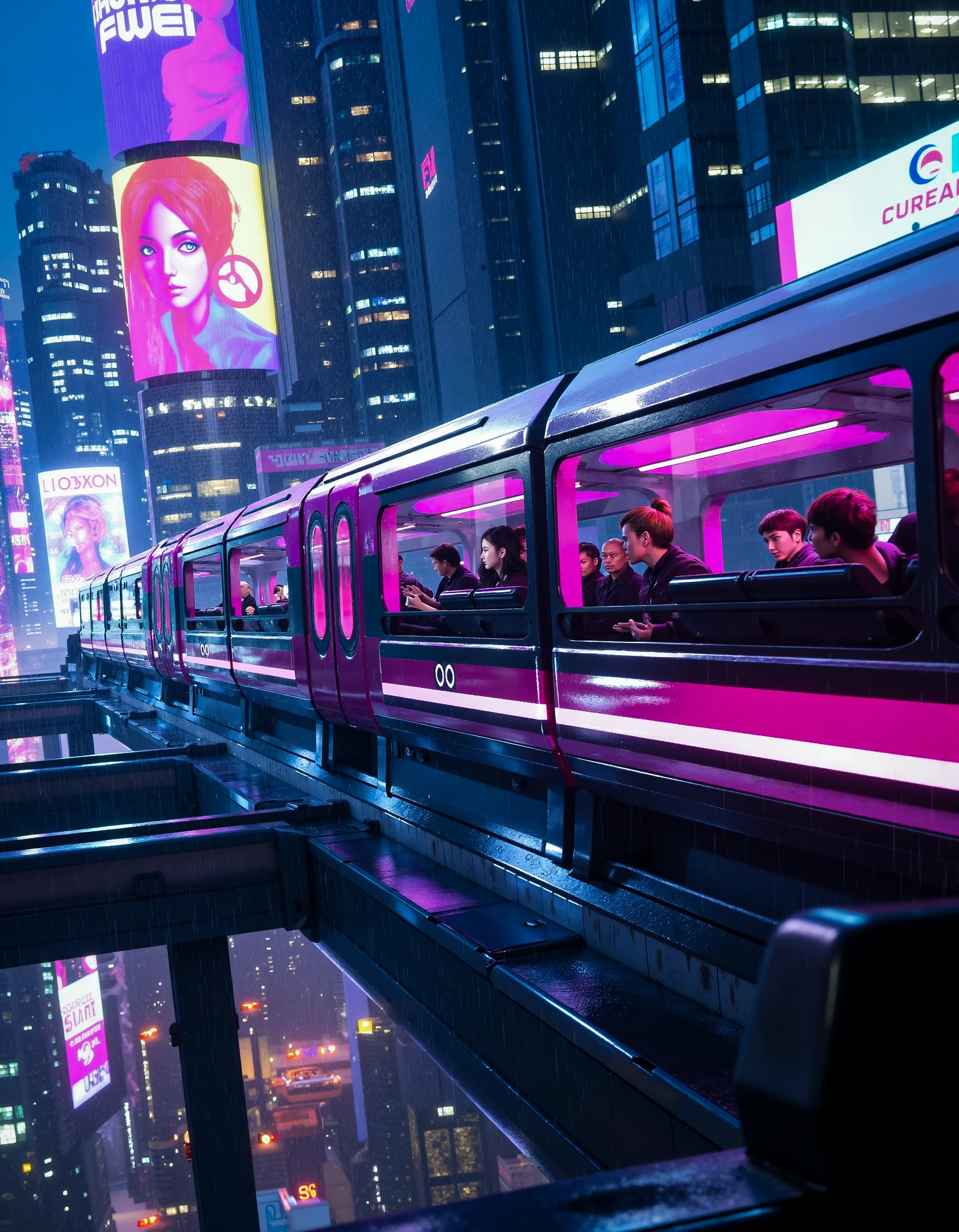 zavy-cbrpnkct, A futuristic monorail zips through the heart of the city, its sleek body reflecting the multicolored lights from a holographic tunnel that surrounds it. A close-up reveals the monorail's high-tech surface. In the background, massive skyscrapers are adorned with neon billboards, while extreme rainfall cascades down. Inside the monorail, passengers stare out into the vibrant cityscape