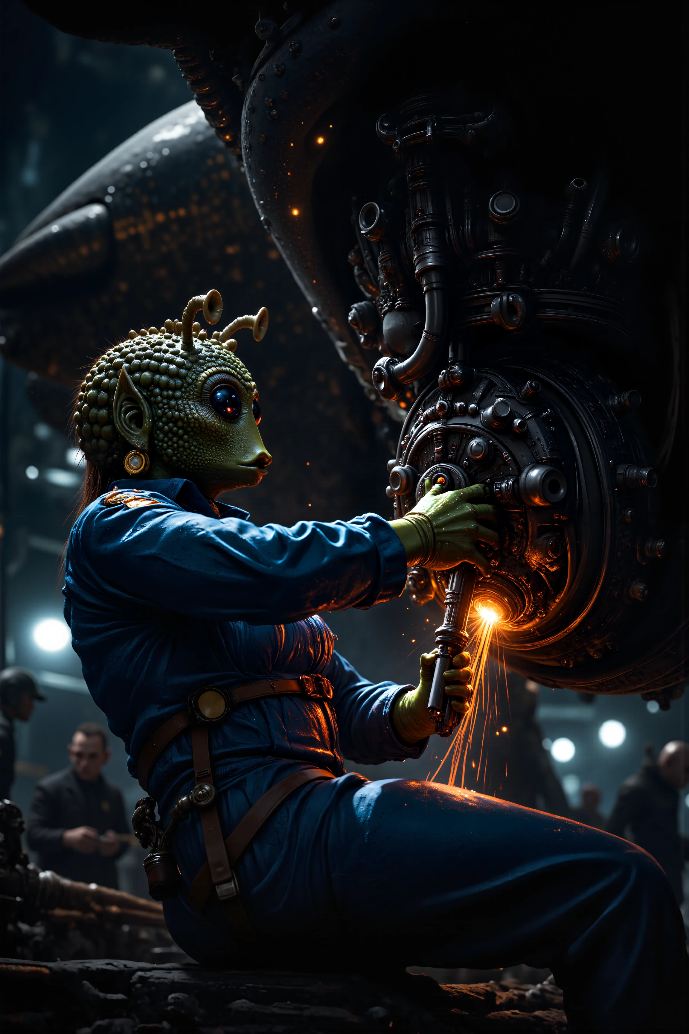 A hyper-realistic portrait, photorealistic photo close-up image of  A female Rodian engineer works diligently beneath the belly of a starship, her blue jumpsuit smeared with grease, tools scattered around her as she adjusts the ship's hyperdrive with precision. Her dark green skin glistens with sweat under the glow of the overhead work lights, and her black eyes focus intently on the sparking wires sheâs carefully connecting. The hangar around her is filled with the sounds of other ships being repaired, the hum of machinery, and the clatter of tools echoing in the wide space. Her hands move with practiced speed, a hydrospanner in one, while her other hand stabilizes the component sheâs repairing. The scent of engine fuel and scorched metal lingers in the air, mixing with the faint ozone smell of electrical circuits. Behind her, the towering bulk of the starship looms, its hull gleaming under the hangar lights, ready for its next mission. Other mechanics move about in the background, but the Rodianâs focus never wavers from her task. Her antennae twitch in concentration, her mind running through calculations and checks as she works to ensure the ship will fly faster than ever before. (photography, high-resolution, dynamic, energetic,hyper-realistic, dramatic lighting, shallow depth of field.), detailmaximizer, MythP0rt<lora:midjourney_whisper_flux_lora_v01:0.55><lora:aidmaMJ6.1-FLUX-V0.1:0.4><lora:FluxMythP0rtr4itStyle:0.4><lora:detailed_flux_ntc:2.2><lora:aidmaImageUpgrader-FLUX-V0.1:0.65><lora:RODIAN_1:1.1>